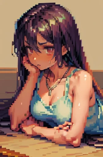 (((pixel art, stylized game character, fewer wrinkles, simplified contours))), (a woman masturbating with the vertical edge of the table), slut, (blush), dark brown pupil, open mouth, ((drooping eyes, blush)), ((sleepy)), (angle from below), panties, tiny earrings, thigh high stockings, (side view),