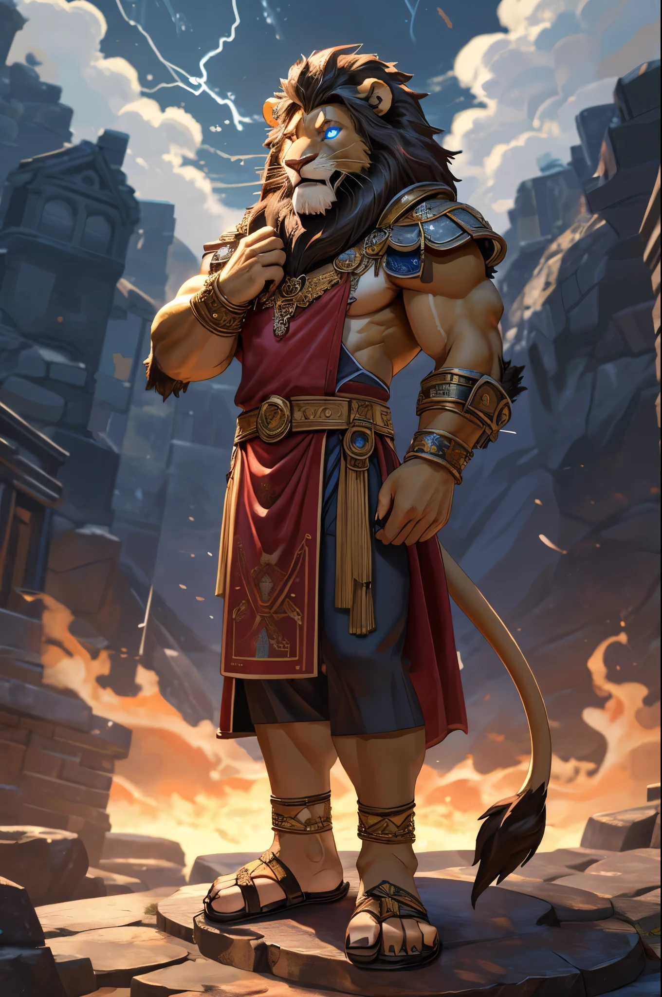 (((Barefoot furry character, full body, cinematic setting, furry male, plantigrade, wearing sandals)))
(Zeus - King of the Gods) depicted as a majestic (((lion))) anthro with a muscular build, golden fur, and piercing blue eyes. He wears a regal white toga draped over one shoulder, adorned with thunderbolt motifs. Zeus stands barefoot atop Mount Olympus, with storm clouds gathering in the background, accompanied by flashes of lightning and crashing thunder. His attribute, the ((thunderbolt)), rests beside him, crackling with power.
BREAK, detailed background, 8K, (masterpiece:1.5), intricate details, highly detailed, extreme detail, octane render, fine art, best quality, highres, (detailed face:1.5), ((full_body)), UHD, (((perfect hands))), low light