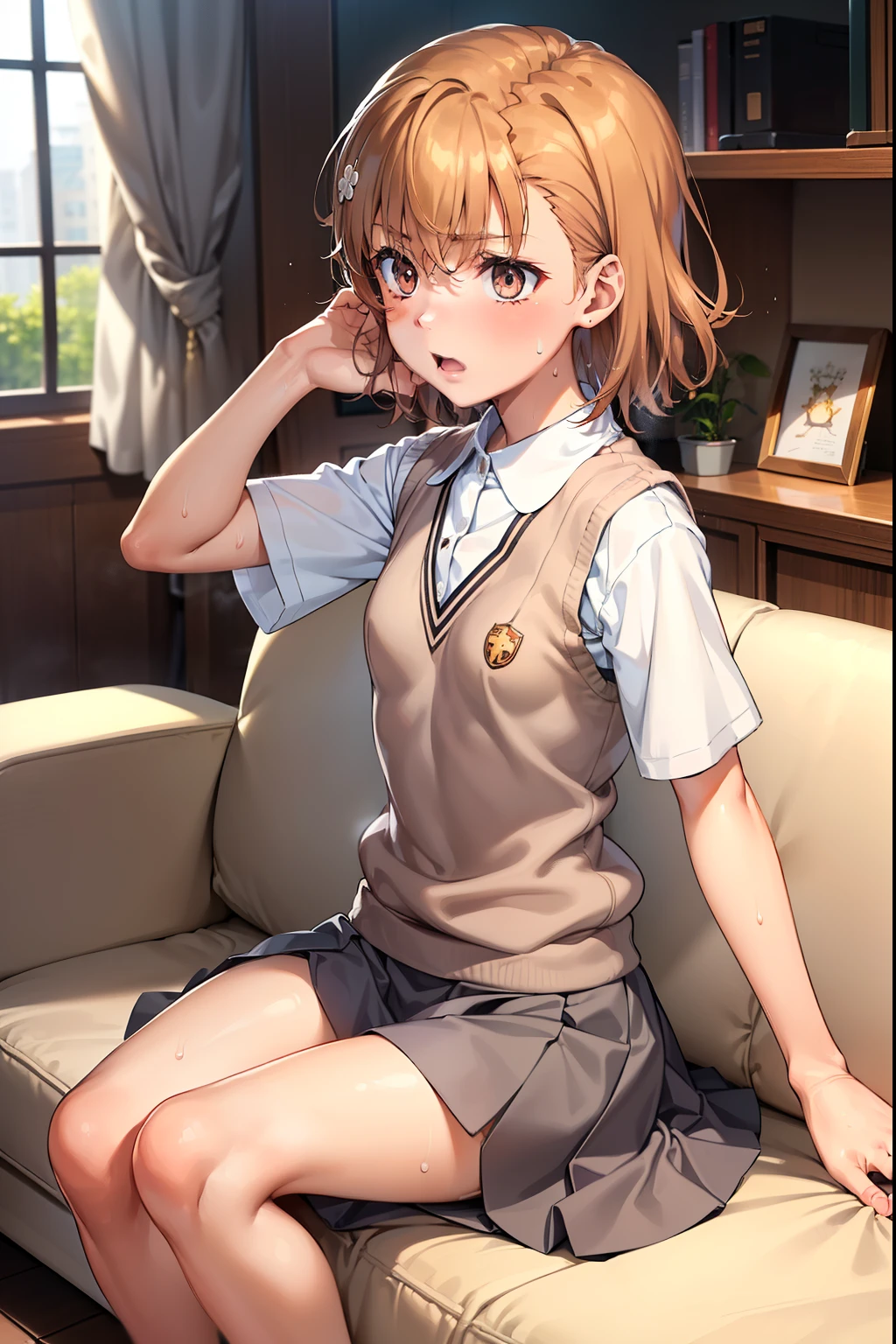 Smooth anime CG art、Focus Only、1 girl、Front view、Upper Body、(((Grey Skirt)))、Sweater vest、Short sleeve、(((Small breasts)))、(((sweat)))、Semi-short hair、(((Sweaty)))、Watery eye、blush、(((Embarrassed look)))、((Open your mouth))、(((Sitting)))、((indoor))、((sofa))