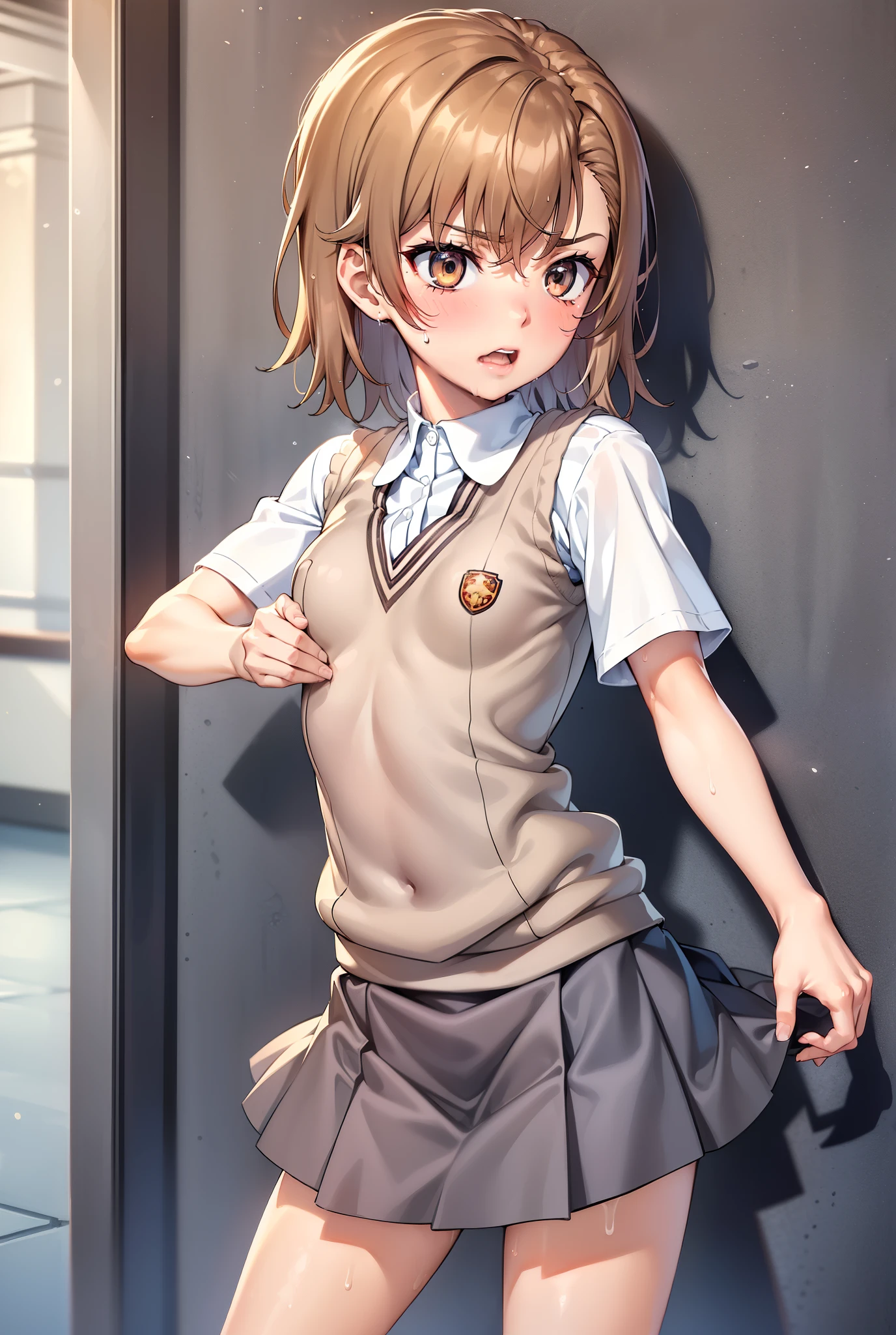 Smooth anime CG art、Focus Only、1 girl、Front view、(((Grey Skirt)))、Sweater vest、Short sleeve、(((Small breasts)))、(((sweat)))、Semi-short hair、(((Sweaty)))、Watery eye、blush、(((Embarrassed look)))、((Open your mouth))、(((Are standing)))、((indoor))