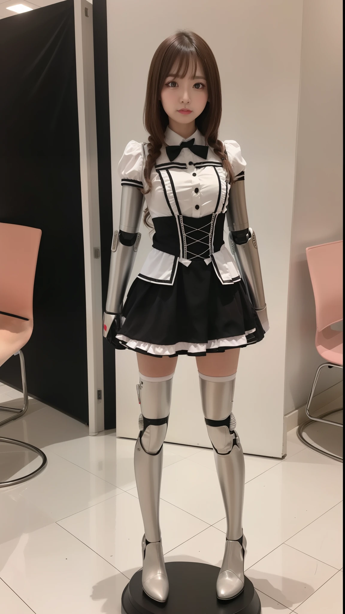 promo photo, waitresses, Gothic Lolita half costume and maid costume, Clothes based on white, robot
