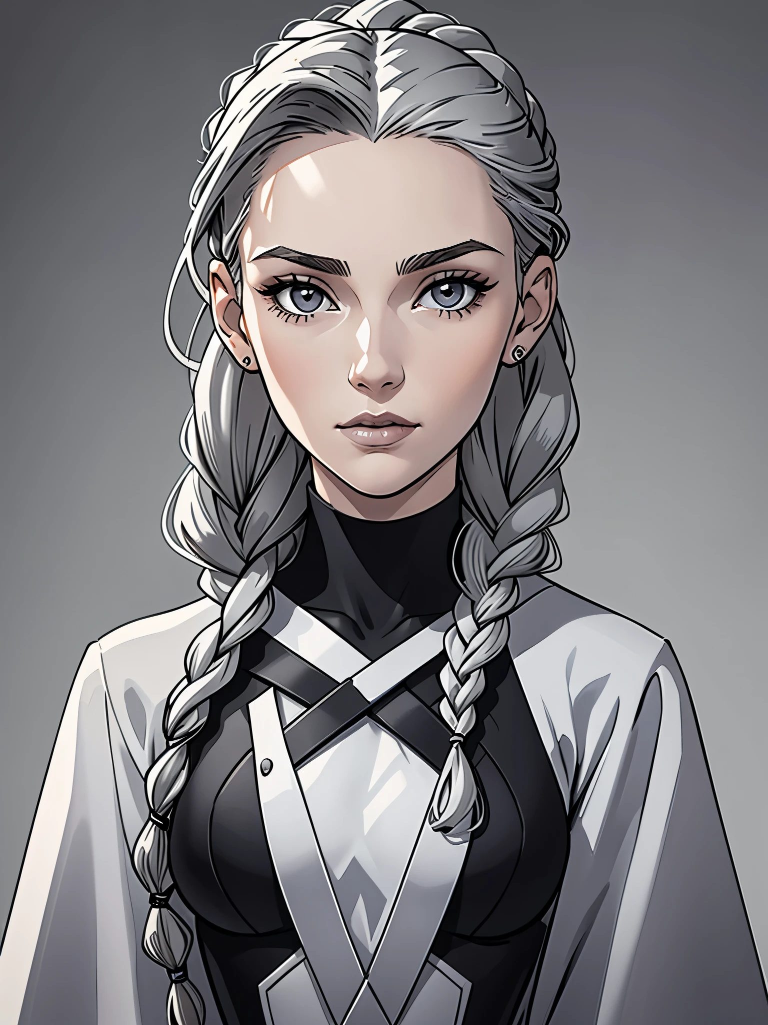 Cassandra is a tall young woman in her 20s with pale skin., gray eyes and white wavy hair, braided into a high ponytail with many small braids. Two strands of hair and asymmetrical bangs go down the sides of the face. Prefers clothes in black and gray colors with lots of silver accents