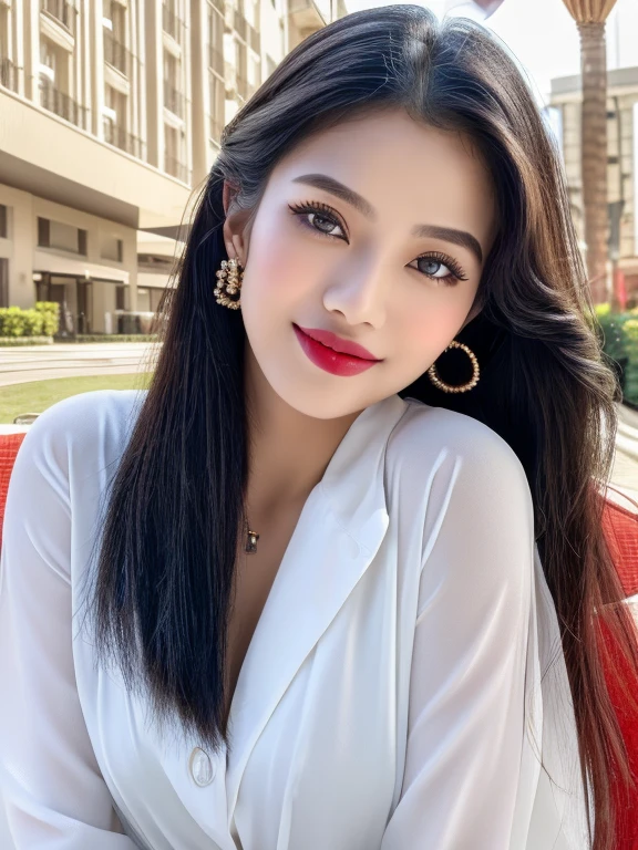 (masterpiece, realistic:1.3), (extremely intricate:1.2), (photorealistic:1.4), (extremely delicate), (ultra realistic:1.3), (modelshoot style), hyperrealistic photography, extremely detailed, 8k wallpaper, UHD, HDR, RAW photo, dslr, hyper realistic, puffy lips, long diamond earrings, (malay beauty indoasia mixed:1.2), (realistic skin:1.4), (sweaty:1.1), thick thighs:1.1, narrow :1.1), long black hair, straight hair:1.3), red_eyeshadow, red lips, tongue out, mouth open, eyes_smile, (almost off clothes:1.2), (sunlight_on_front_face:1.3), makeup, ultra detailed irises, perfect eyes, perfect face, detailed face, (A picture of a girl and hotel:1.5), (full body:1.5)