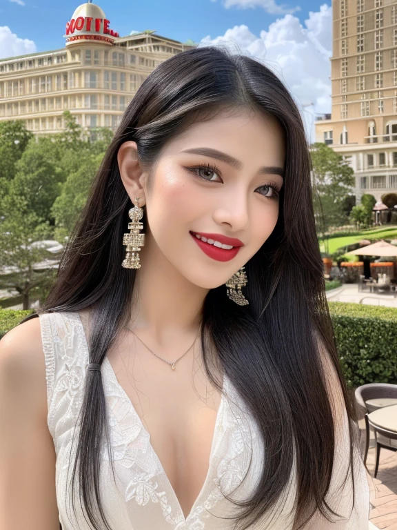 (masterpiece, realistic:1.3), (extremely intricate:1.2), (photorealistic:1.4), (extremely delicate), (ultra realistic:1.3), (modelshoot style), hyperrealistic photography, extremely detailed, 8k wallpaper, UHD, HDR, RAW photo, dslr, hyper realistic, puffy lips, long diamond earrings, (malay beauty indoasia mixed:1.2), (realistic skin:1.4), (sweaty:1.1), thick thighs:1.1, narrow :1.1), long black hair, straight hair:1.3), red_eyeshadow, red lips, tongue out, mouth open, eyes_smile, (almost off clothes:1.2), (sunlight_on_front_face:1.3), makeup, ultra detailed irises, perfect eyes, perfect face, detailed face, (A picture of a girl and hotel:1.5), (full body:1.5)