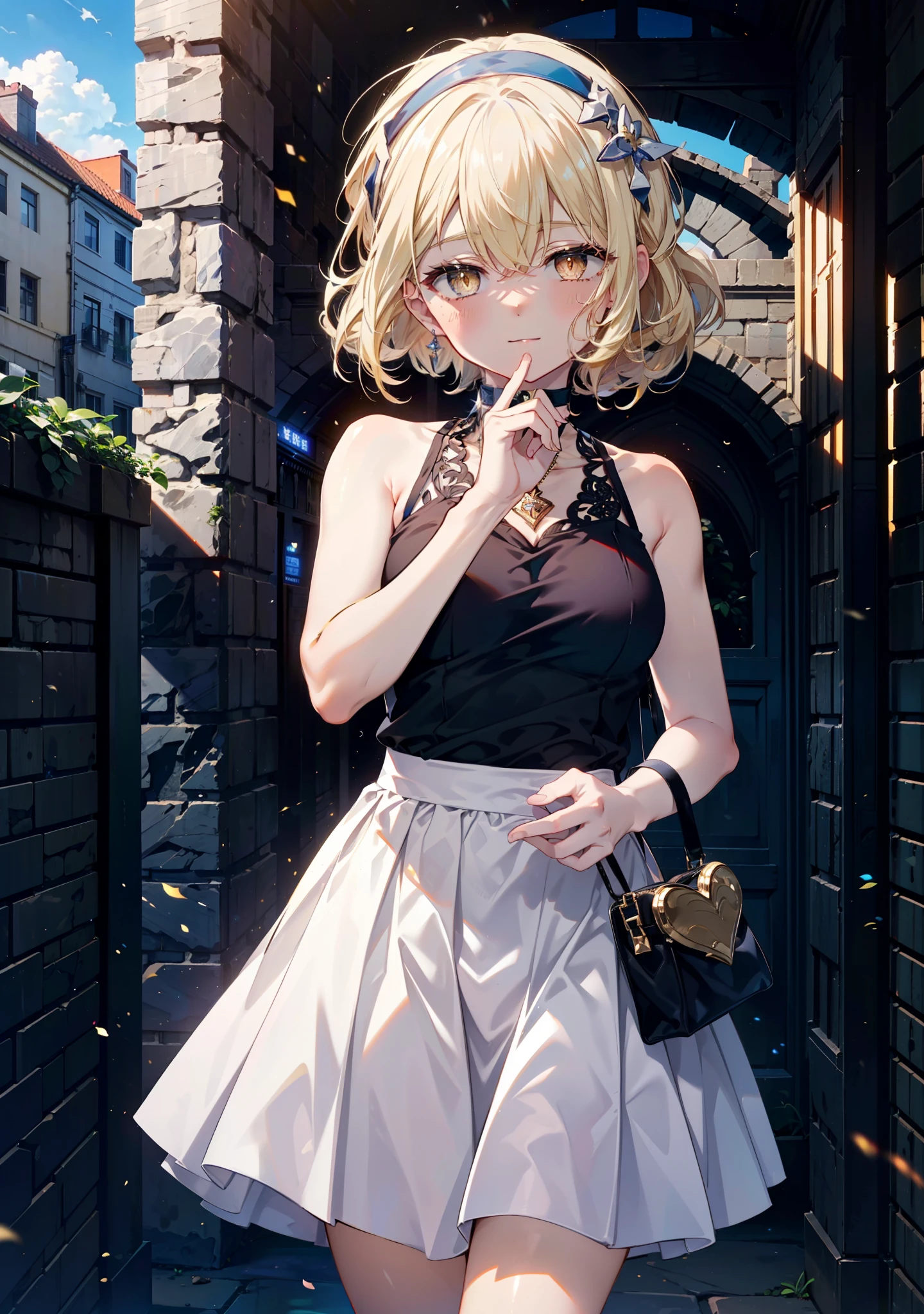 アイスWallenstein, Wallenstein, blonde, Hair between the eyes, hair band, Long Hair, (Yellow Eyes:1.5),happy smile, smile, Close your mouth,smile,blush,White sleeveless dress,Bare arms,Bare neck,Heart Pendant,Long skirt,Cute Sandals,Clear skies,歩いてるbreak looking at viewer,(Cowboy Shot:1. 5) break outdoors,Building district,In town, break (masterpiece:1.2), highest quality, High resolution, unity 8k wallpaper, (shape:0.8), (Beautiful and beautiful eyes:1.6), Highly detailed face, Perfect lighting, Highly detailed CG, (Perfect hands, Perfect Anatomy),