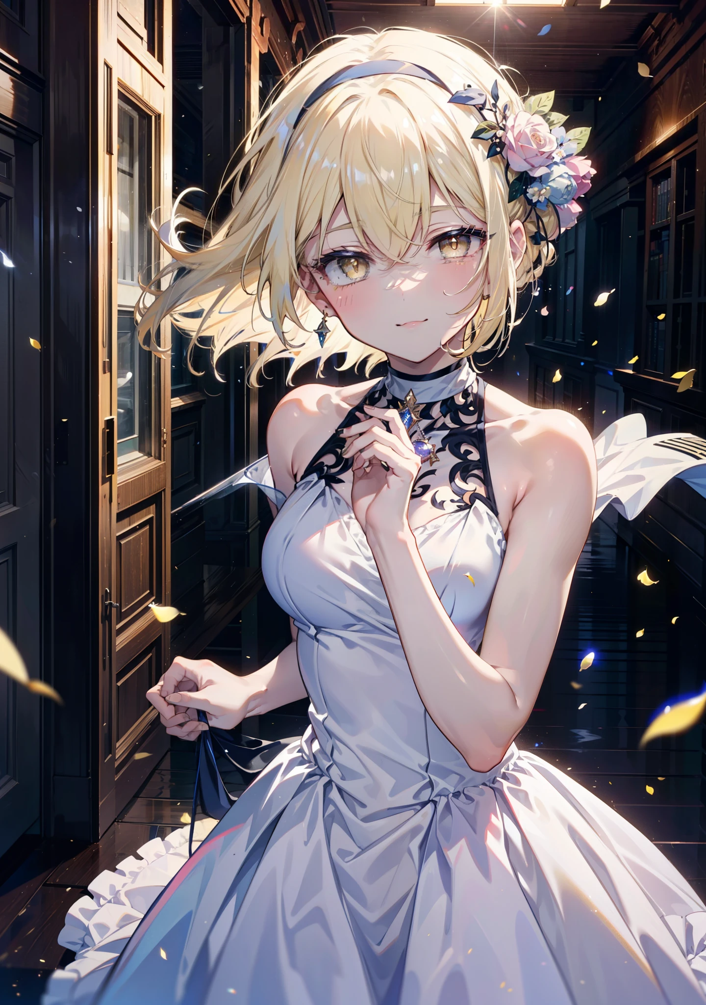 アイスWallenstein, Wallenstein, blonde, Hair between the eyes, hair band, Long Hair, (Yellow Eyes:1.5),happy smile, smile, Close your mouth,smile,blush,White sleeveless dress,Bare arms,Bare neck,Heart Pendant,Long skirt,Cute Sandals,Clear skies,歩いてるbreak looking at viewer,(Cowboy Shot:1. 5) break outdoors,Building district,In town, break (masterpiece:1.2), highest quality, High resolution, unity 8k wallpaper, (shape:0.8), (Beautiful and beautiful eyes:1.6), Highly detailed face, Perfect lighting, Highly detailed CG, (Perfect hands, Perfect Anatomy),