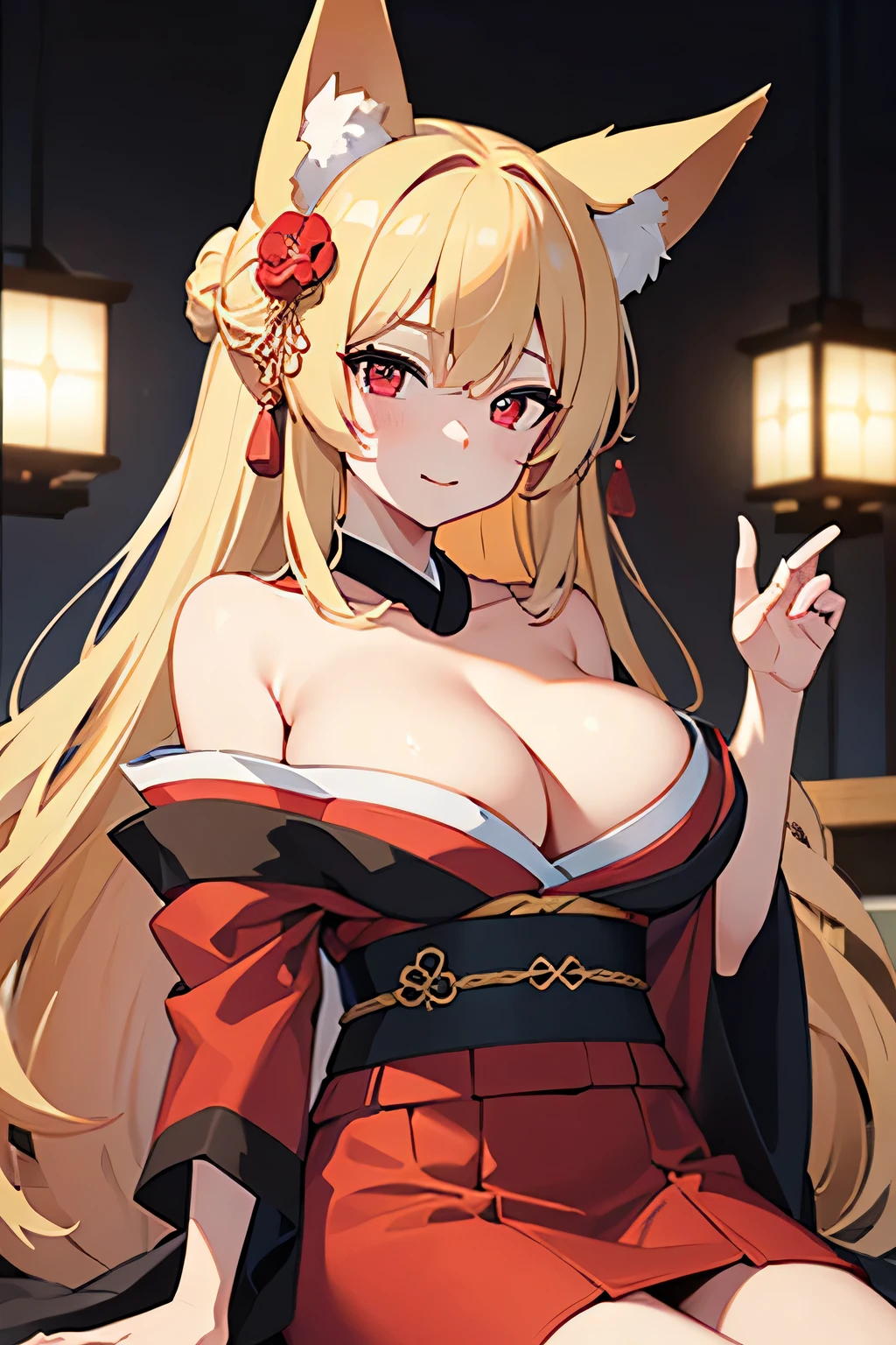 Masterpiece、Big Breasts、Fox ears、Long blonde、Red Eye、kimono