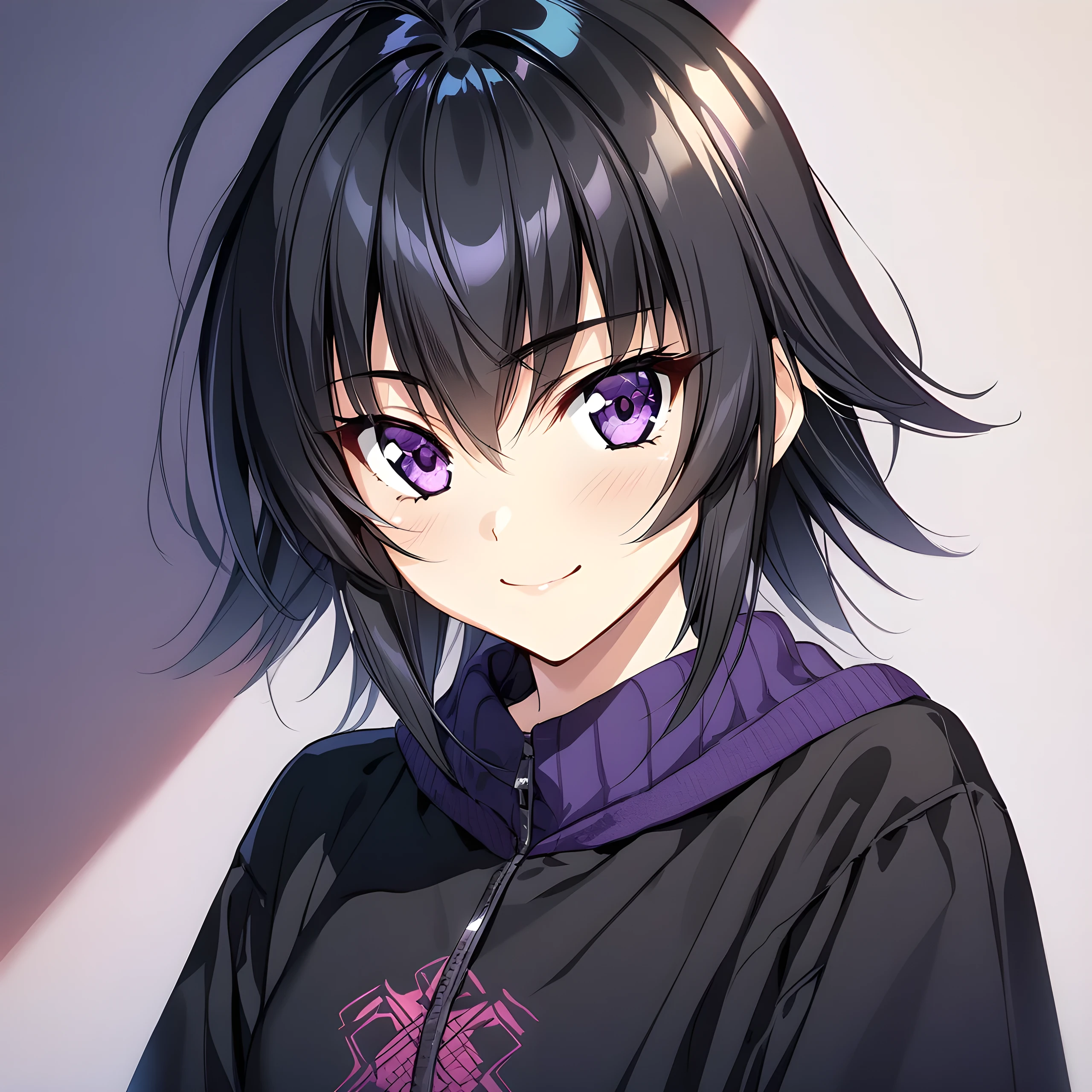 (masterpiece),(best quality),(ultra-detailed),(best illustration),(best shadow),(absurdres),(detailed background),(very aesthetic), 1girl, solo, akitsuki_karasu artstyle, ayamine kei, purple eyes, black hair, short hair, bangs, smile, portrait,