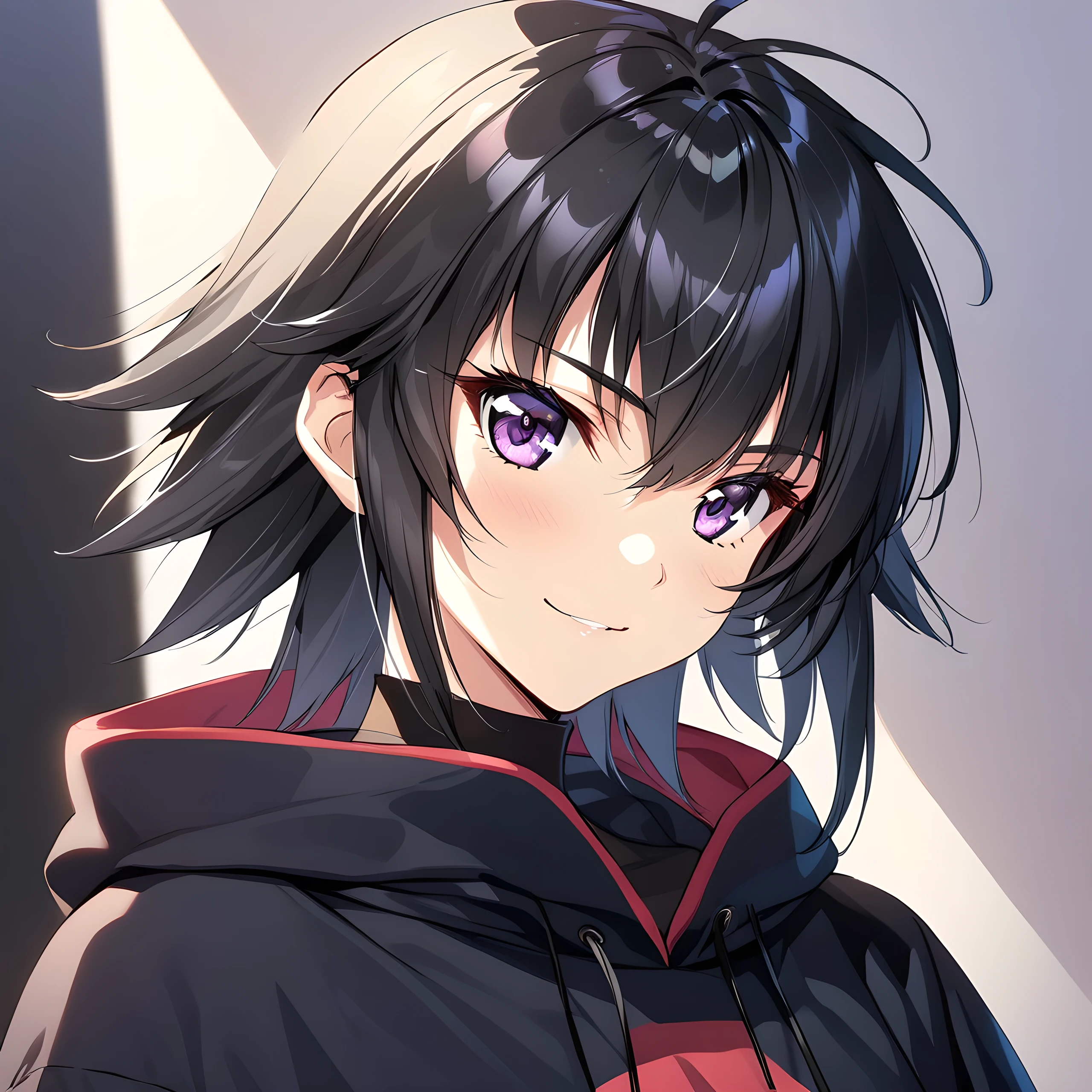 (masterpiece),(best quality),(ultra-detailed),(best illustration),(best shadow),(absurdres),(detailed background),(very aesthetic), 1girl, solo, akitsuki_karasu artstyle, ayamine kei, purple eyes, black hair, short hair, bangs, smile, portrait,