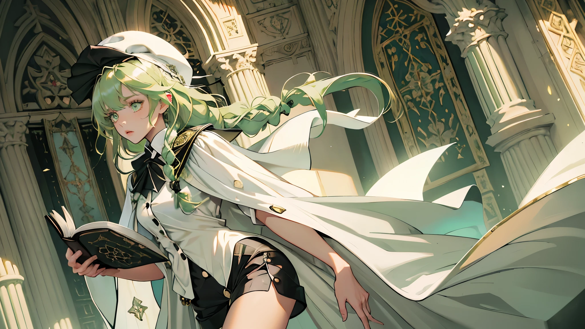 masterpiece, ultra detailed, 8k portrait, RAW photo, portrait photography, highly detailed face, beautiful and meticulous eyes, ((Fantasy)), Young beautiful, 22 years old, (((drooping eyes))), dynamic pose, (((Medium wavy light green hair))), ((braided twin tail)), parted bangs, White skin color, Luxury, (((black mortarboard cap))), (((white silk long cloak))) fluttering in the wind, (((many buttons Shirt dress))), (((black shorts))), high cut leather boots, ((holding magic book)), Midday Sun, hyper realistic, Body model, Small breasts, Beautiful breasts, Long legs, in the castle, Ambient lighting, Shadow details , Camera focus on thigh, strong breeze, Light fog