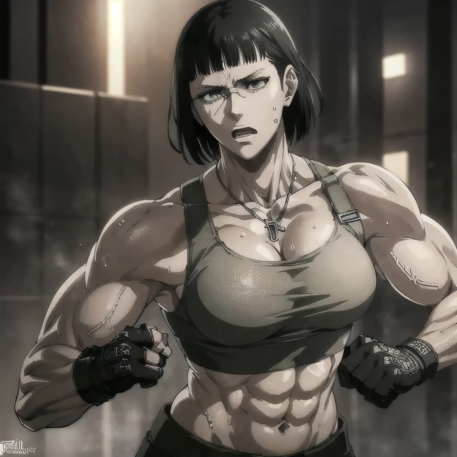 (best quality,ultra-detailed,realistic:1.37),musclaur badass girl with sculpted body with preview her musclaur body and six-pack, full review of the female character's face and body, intense expression, strong and confident posture, studio lighting, vivid colors, physiologically-based rendering, grungy texture, rugged background, dust particles in the air, commanding presence, professional, powerful, gritty aesthetics,,Valmet،short hair,necklace,Light reflection on shoulders,Sweat in muscles،،wearing military underwear and midriff tank top, tattoos on shoulders،Fat free body,Hand veins,drink water, Towel around the neck