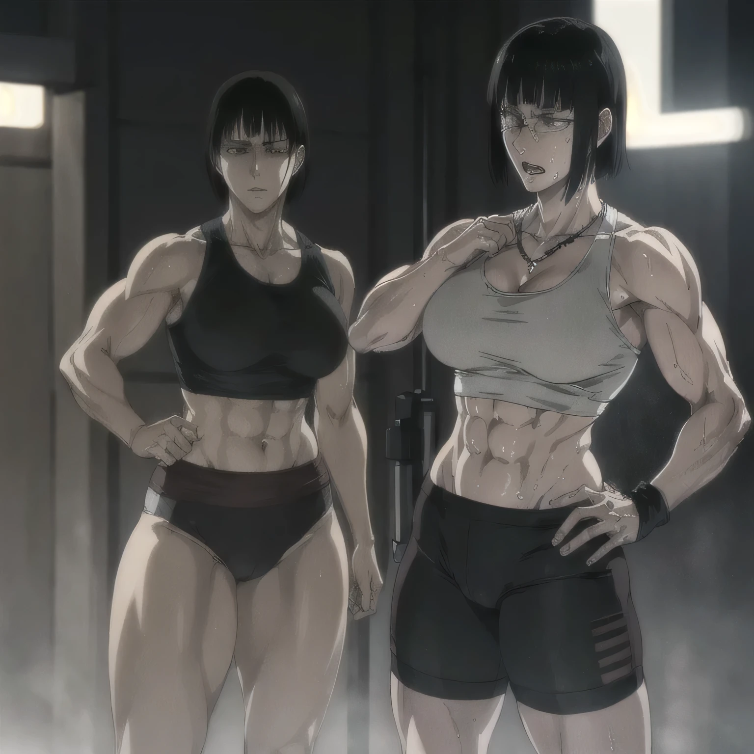 (best quality,ultra-detailed,realistic:1.37),musclaur badass girl with sculpted body with preview her musclaur body and six-pack, full review of the female character's face and body, intense expression, strong and confident posture, studio lighting, vivid colors, physiologically-based rendering, grungy texture, rugged background, dust particles in the air, commanding presence, professional, powerful, gritty aesthetics,,Valmet،short hair,necklace,Light reflection on shoulders,Sweat in muscles،،wearing military underwear and midriff tank top, tattoos on shoulders،Fat free body,Hand veins,drink water, Towel around the neck
