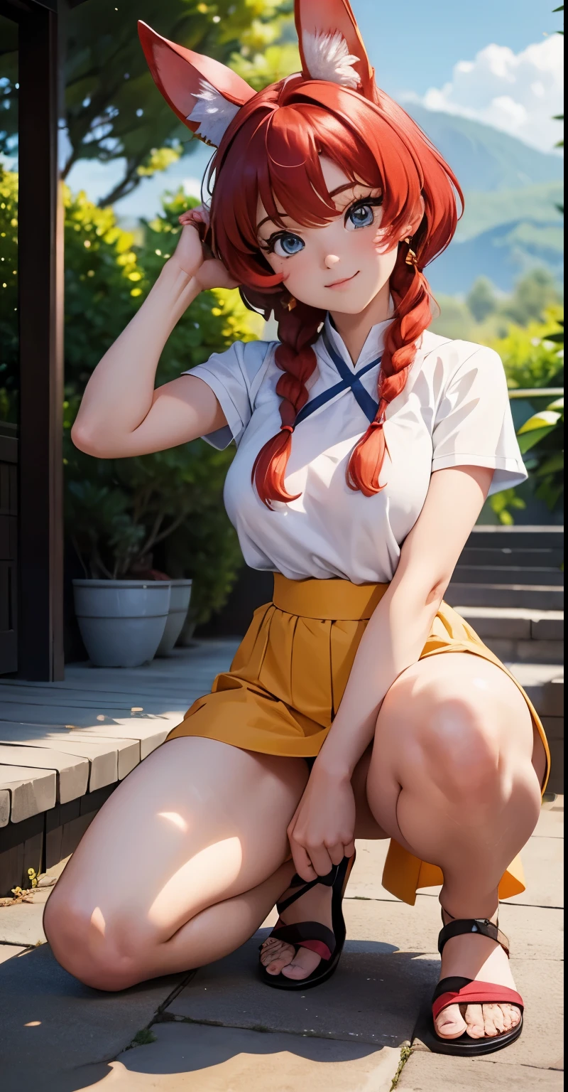raw photo,M。realistic,real person,ニskirt、(spread legs:1.5)、show white panties,Beautiful thighs、Beautiful camel toe、長い白いウェディング ドレスとウサギの耳を着た赤毛のAnime Girls, skirt, , Nice body, Big breasted, Hands behind head, Run your hands through your hair, Sexy Girls, red Short hair in braids, side hair highlights, strands of hair on the side of the face, Beautiful lighting, Soft Shadows, blue eyes, Beautiful feet, Short hair in braids, Anime Style, Ranma-chan, Autora Rumiko Takahashi, Baseado em obra de Rumiko Takahashi, Anime Ranma 1/ 2, Sexy deco, Strong hips, whole body, whole body, Large Bust, young girl with beautiful beautiful body, sandals on his feet, garota 16 yearsaixa estatura, She is wearing a long white dress and bunny ears。, Anime Girls, Anime Style, beautiful feet in sandals, Viewing angle 45°, Outdoor, Red hair braid