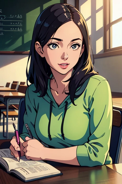 (best quality,4k,8k,highres,masterpiece:1.2),ultra-detailed,(realistic,photorealistic,photo-realistic:1.37), sexy mature woman, detailed eyes and face, long eyelashes, sensual lips, confident smile, in college class, standing, college hoodie, studious atmosphere, sunlight streaming through window, open textbooks, chalkboard covered in equations, math symbols and formulas, cozy wooden desks, notebooks and pens scattered around, laptop with programming code on the screen, other students engaged in discussions, colorful posters on the wall displaying scientific theories and concepts, modern classroom with state-of-the-art technology, captivating artwork on the walls, vibrant color palette, soft warm lighting, serene yet dynamic scene, elegant aesthetic, immersive experience.