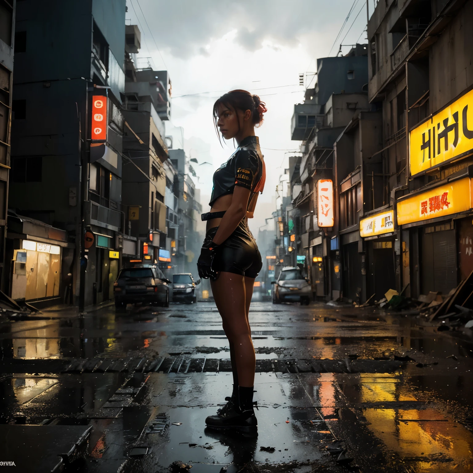 ((mesa)), ((8k)),( ultra-high resolution), ((Altamente detalhado)), A dystopian future in Fauvist-style Tokyo, Rain-soaked street reflects neon lights, (Cities dominated by biomechanical design), (Nos escombros,  silhouette of a girl standing on a pile of rubble), (Vibrating intense primary color oil painting background)