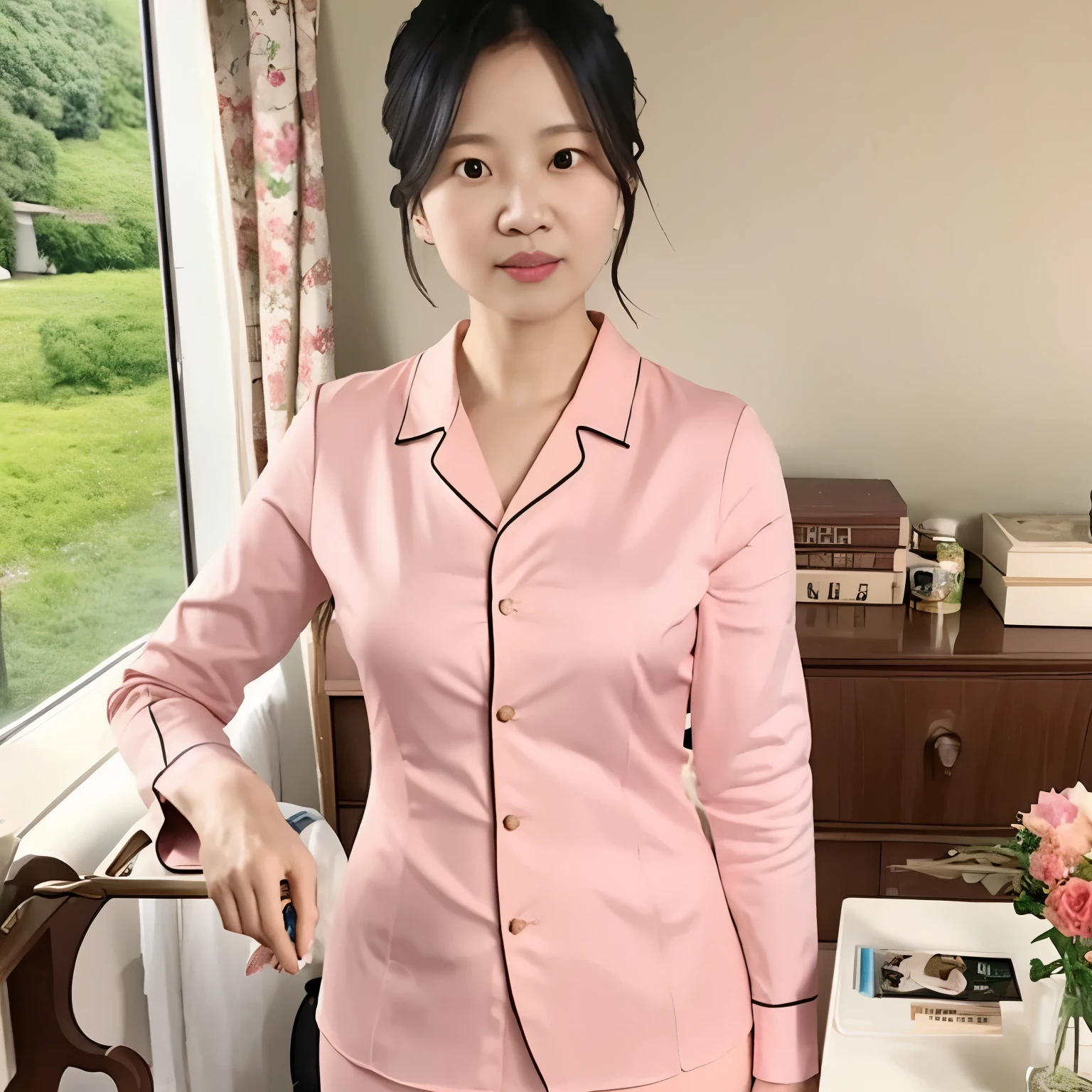 Asian, 30-year-old woman in pajamas, fair skin, bright eyes, upturned lips, flushed face, Front::1.5), a hand on the waist), etc., etc., dynamic angle, random posture generation, wall light, bedside table, vase, movie light, perfect shadow, HDR photo, super detail 2:3, full body photo, delicate picture quality, masterpiece of the master, realistic style, real texture