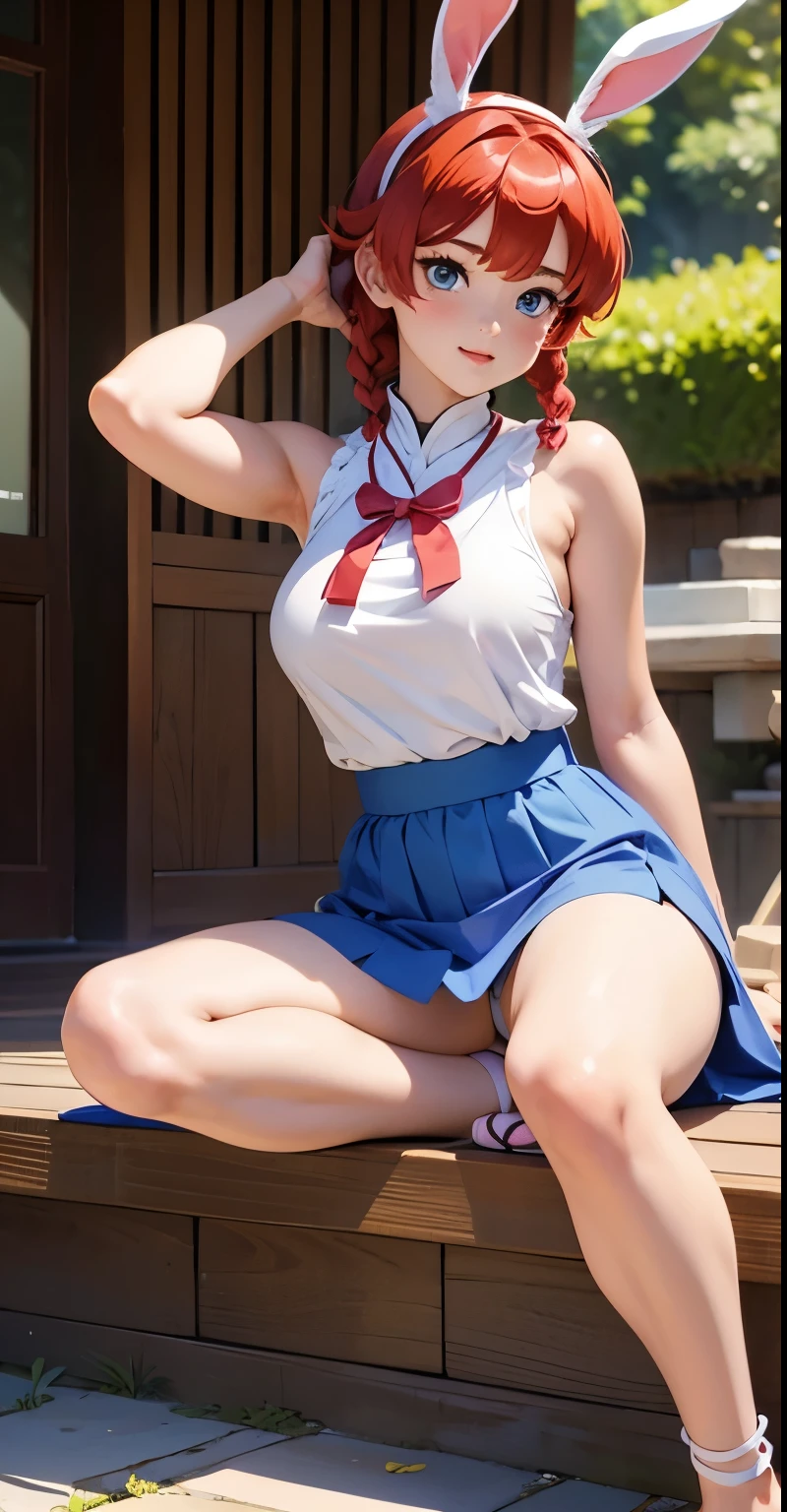 raw photo,M。realistic,real person,ニskirt、(spread legs:1.5)、show white panties,Beautiful thighs、Beautiful camel toe、長い白いウェディング ドレスとウサギの耳を着た赤毛のAnime Girls, skirt, , Nice body, Big breasted, Hands behind head, Run your hands through your hair, Sexy Girls, red Short hair in braids, side hair highlights, strands of hair on the side of the face, Beautiful lighting, Soft Shadows, blue eyes, Beautiful feet, Short hair in braids, Anime Style, Ranma-chan, Autora Rumiko Takahashi, Baseado em obra de Rumiko Takahashi, Anime Ranma 1/ 2, Sexy deco, Strong hips, whole body, whole body, Large Bust, young girl with beautiful beautiful body, sandals on his feet, garota 16 yearsaixa estatura, She is wearing a long white dress and bunny ears。, Anime Girls, Anime Style, beautiful feet in sandals, Viewing angle 45°, Outdoor, Red hair braid