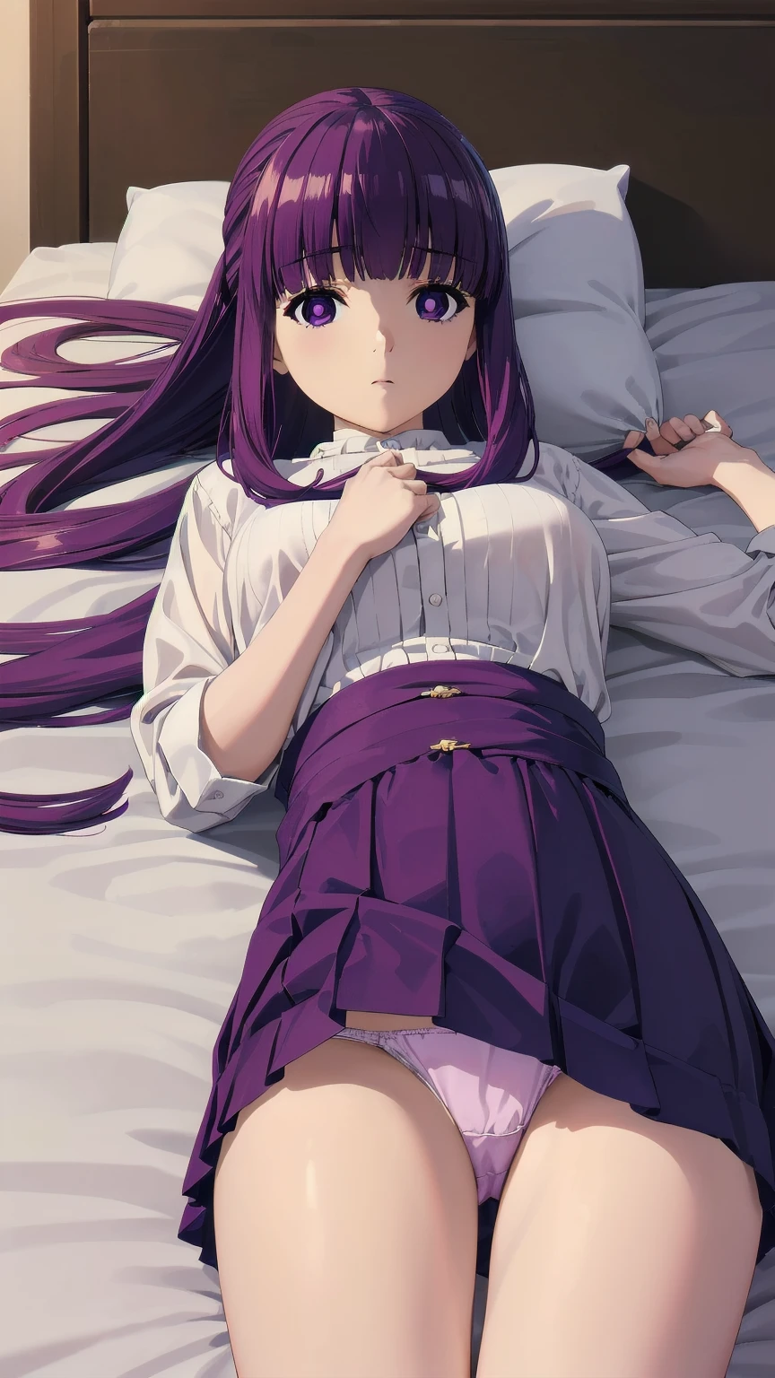 (((Pixel Perfect, Perfect detail))), One Girl, alone, Fern, Long Hair, bangs, (Purple eyes:1.1), Purple Hair, Side Lock, blunt bangs, (Bright Eyes:1.5), Half Up, good, (I can see her panties:1.3), (Lying in bed:1.3), indoor, whole body