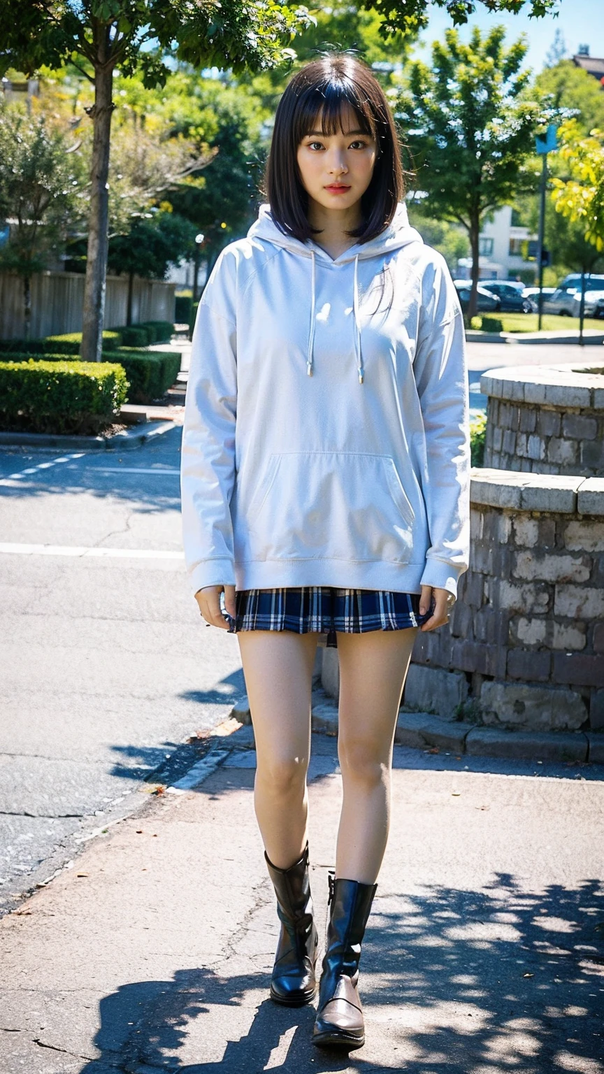 (8k、RAW Photos、highest quality、masterpiece:1.2)、(Realistic、Realistic)、1 girl、((hoodie、mini skirt、boots、Large Breasts、View from the front、Are standing))、Lots of eyelashes、Glowing eyelids、skeletally correct