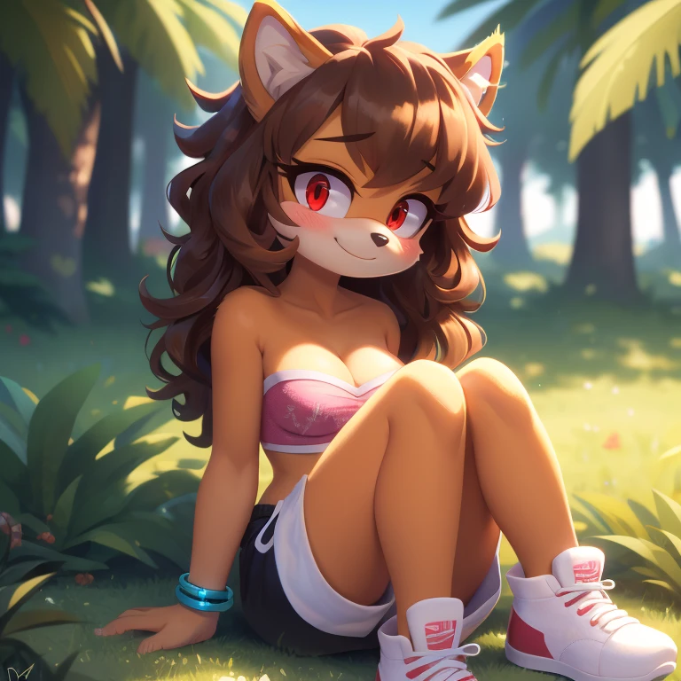 mobian, hedgehog, two-tone fur ((orange fur, brown fur)), pyjama elastic shorts, strapless crop top, cleavage, high-top sneakers, two-tone hair (brown hair, black tip)), curly hair, halo, sunglasses, jewelry, red eyes, longeyelashes, red eyes, smile, shy, blush, high detail, masterpiece, UHD, anatomically correct, super detail, highres, 4K