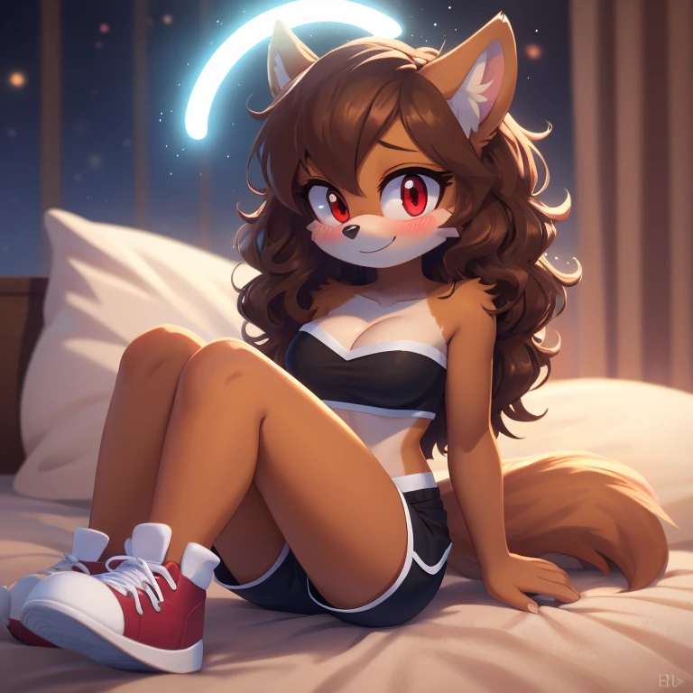 mobian, hedgehog, two-tone fur ((orange fur, brown fur)), pyjama elastic shorts, strapless crop top, cleavage, high-top sneakers, two-tone hair (brown hair, black tip)), curly hair, halo, sunglasses, jewelry, red eyes, longeyelashes, red eyes, smile, shy, blush, high detail, masterpiece, UHD, anatomically correct, super detail, highres, 4K