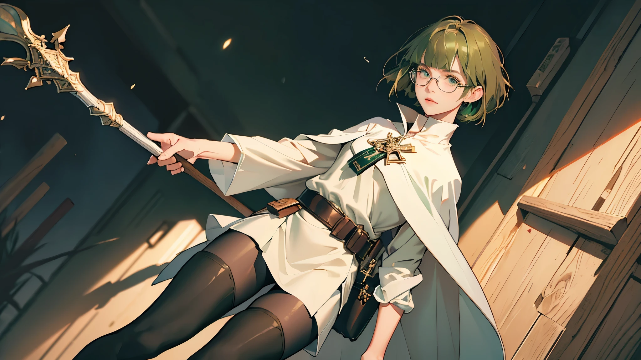 masterpiece, ultra detailed, 8k portrait, RAW photo, portrait photography, highly detailed face, beautiful and meticulous eyes, ((Fantasy)), Young beautiful, , girl, dynamic pose, (((short deep green bobbed hair))), blunt bangs, White skin color, glasses, Luxury, (((tunic and short skirt))), (((brown cape))), (((little waist hip pouch))), (((dark thigh high tights))), high cut leather boots, ((holding long magical staff)), Midday Sun, hyper realistic, slender body, flat chest, Long legs, on the medieval road, Ambient lighting, Shadow details , Camera focus on face, strong breeze, Light fog