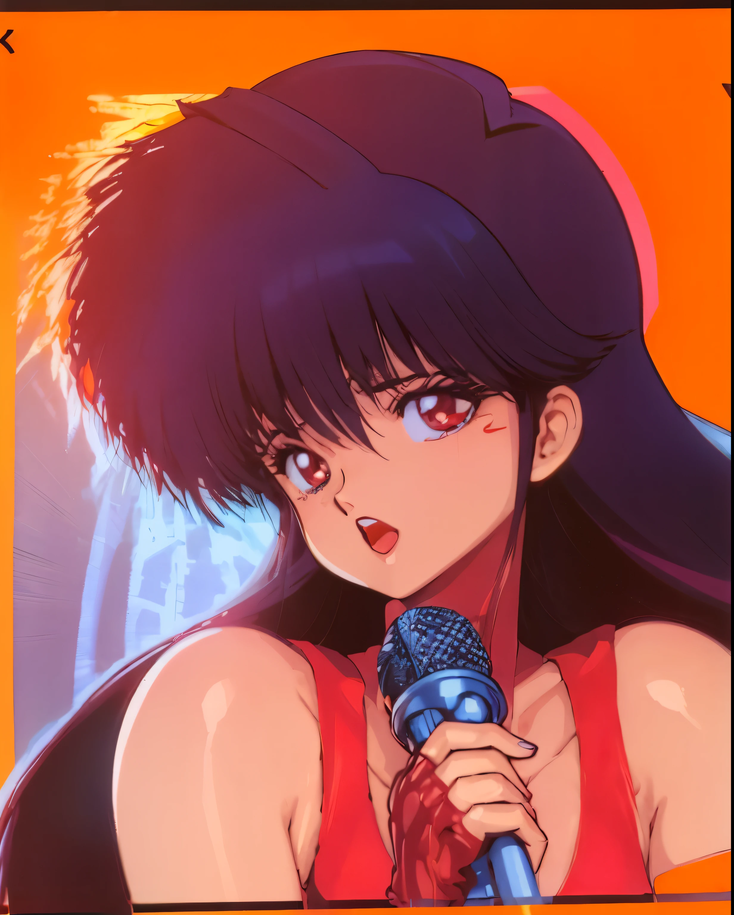 3d full color、Colorful、Red lipstick、Tabletop、A female goddess with a microphone, Misato Katsuragi, Gainax Anime Style, Close-up of Rei Iwakura, kimagure orange road, Retro Anime Images, 1980's anime style, Portrait of Reon Iwakura, rumiko, 80's anime vibe, Inspired by Rei Kamoi