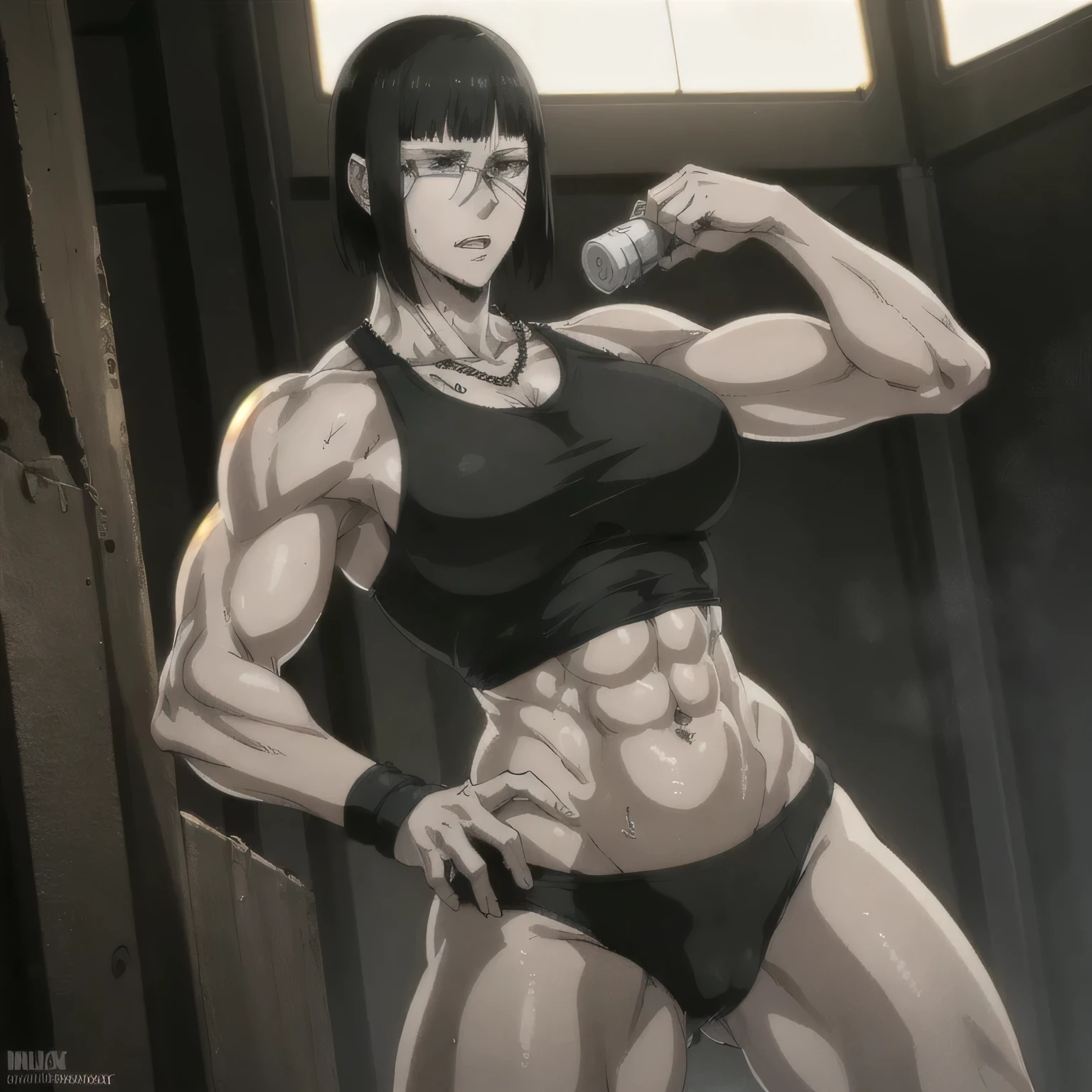 (best quality,ultra-detailed,realistic:1.37),musclaur badass girl with sculpted body with preview her musclaur body and six-pack, full review of the female character's face and body, intense expression, strong and confident posture, studio lighting, vivid colors, physiologically-based rendering, grungy texture, rugged background, dust particles in the air, commanding presence, professional, powerful, gritty aesthetics,,Valmet،short hair,necklace,Light reflection on shoulders,Sweat in muscles،،wearing military underwear and midriff tank top, tattoos on shoulders،Fat free body,Hand veins,drink water, Towel around the neck