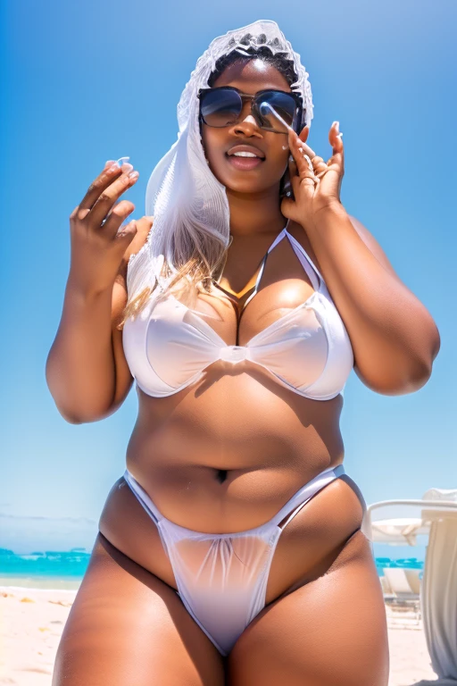 Arafa woman in white transparent organza bikini on the beach, fazendo sinal de paz, ela tem uma barriga redonda e gorda, grosso, in white transparent organza bikini, wearing two piece swimsuit, her belly is fat and round, in white transparent organza bikini, is wearing a swimsuit, her belly button is exposed, umbigo aparecendo, full body photo in bikini, wearing a bikini