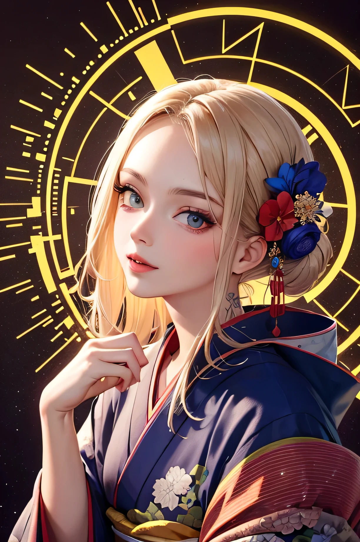 ((highest quality)),(detailed), Perfect Face,Kimono beauty,Magic circle tattoo,Halo