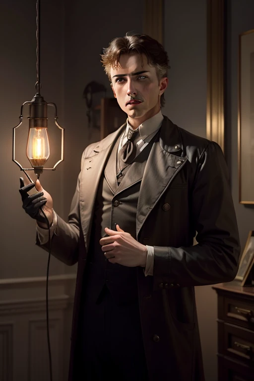 nikolas tesla, with one hand holding a lightning bolt, and in the other hand a lamp. 45 years old