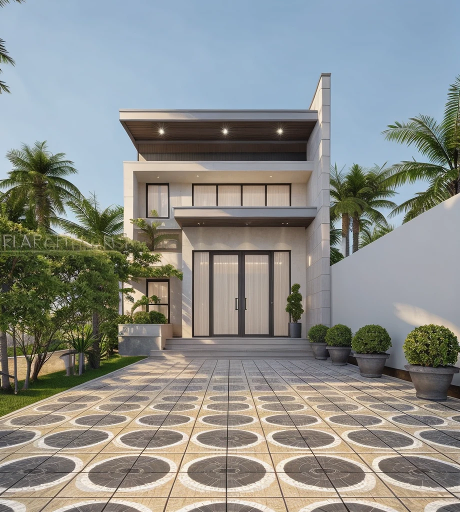 PLATFORM KTHOUSE, 1 morden villa, main material of villa about build color wall:1.2 glass panel:1.1 and stone:1.2, 1large yard, 1 road runs in front of the house, (RAW photo, real, best quality, masterpiece:1.2), look morden minimalist, 1 road in front of the house, dynamic lighting:1.3, (hyper realistic, photo-realistic:1.2), high quality, (dark lighting:1.2), perfect lighting, archdaily, no human