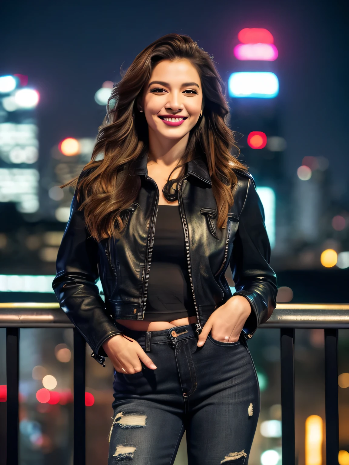 (best quality,4k,ultra-detailed,realistic:1.37),portrait,street lighting,street fashion,beautiful smile,confident,legs for days,long wavy hair,wearing a black leather jacket and ripped jeans,dark red lipstick,bold eye makeup,high heels,cityscape background,bright neon lights,urban atmosphere.