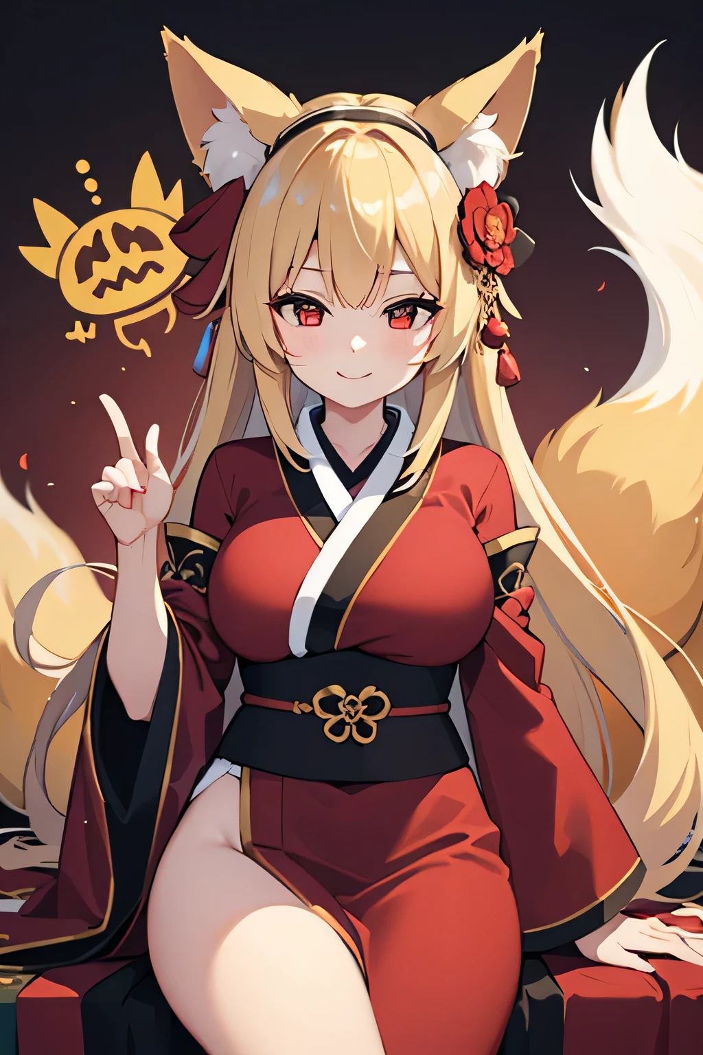 Masterpiece、Big Breasts、Fox ears、Long blonde、Red Eye、kimono、smile