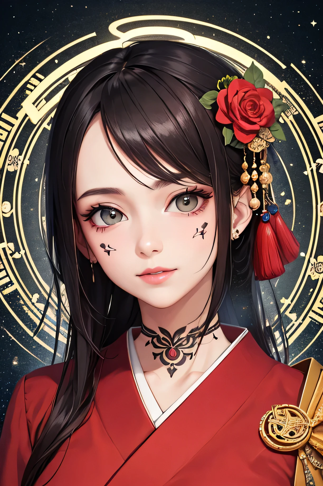 ((highest quality)),(detailed), Perfect Face,Kimono beauty,Magic circle tattoo,Halo