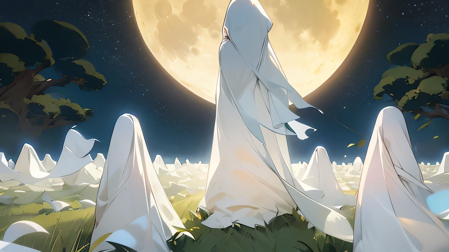 Seven white cloth ghosts　A huge full moon filling the entire field of vision