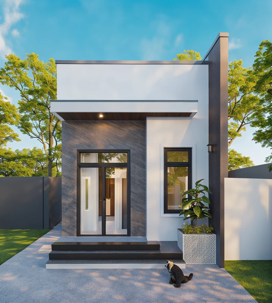 PLATFORM KTHOUSE, 1 morden villa, main material of villa about build color wall:1.2 glass panel:1.1 and stone:1.2, 1large yard, 1 road runs in front of the house, (RAW photo, real, best quality, masterpiece:1.2), look morden minimalist, 1 road in front of the house, dynamic lighting:1.3, (hyper realistic, photo-realistic:1.2), high quality, (dark lighting:1.2), perfect lighting, archdaily, no human