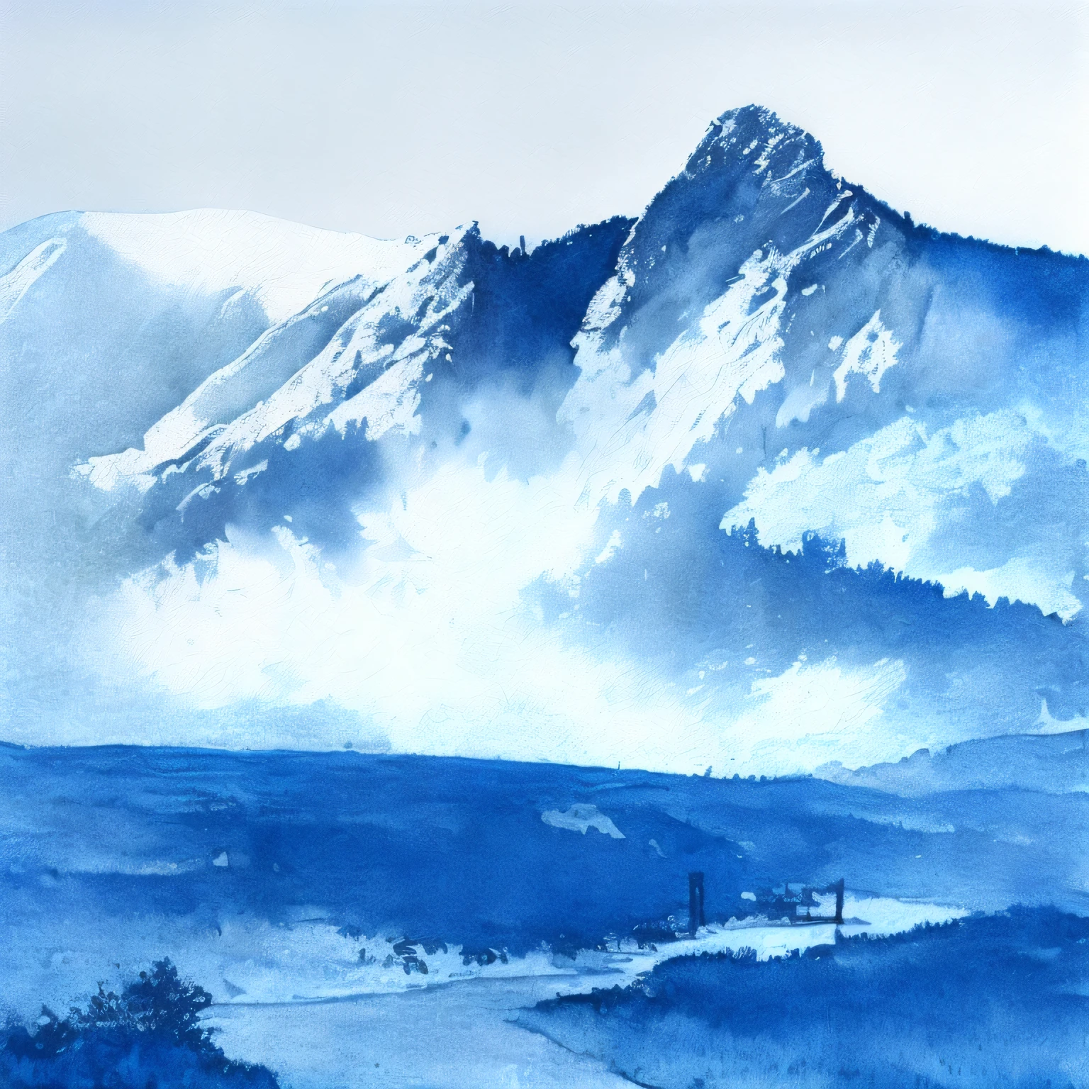 a blue monochrome watercolor image of the flatirons mountains in boulder, colorado, USA