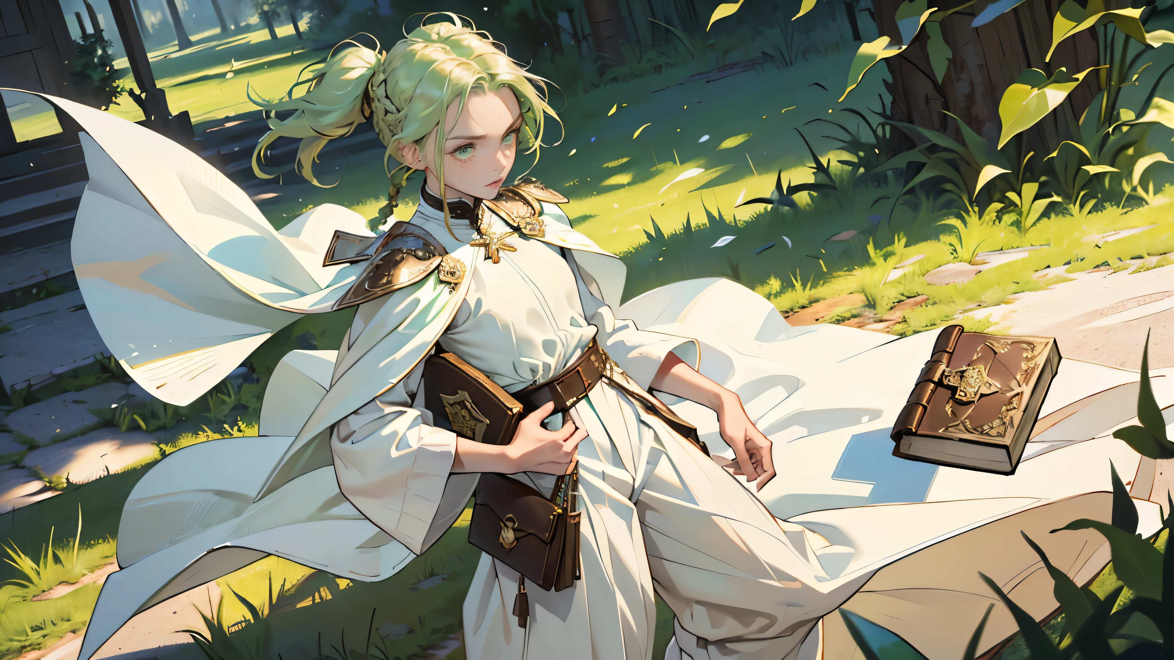 masterpiece, ultra detailed, 8k portrait, RAW photo, portrait photography, highly detailed face, beautiful and meticulous eyes, ((Fantasy)), Young beautiful, , (((drooping eyes))), dynamic pose, (((short wavy light green hair))), ((braided twin tail)), parted bangs, White skin color, Luxury, (((white tunic))), ((((brown wide pants)))), (((brown cape))), (((little waist hip pouch))), high cut leather boots, ((holding magic book)), Midday Sun, hyper realistic, slender body, flat chest, Long legs, on the medieval road, Ambient lighting, Shadow details , Camera focus on face, strong breeze, Light fog