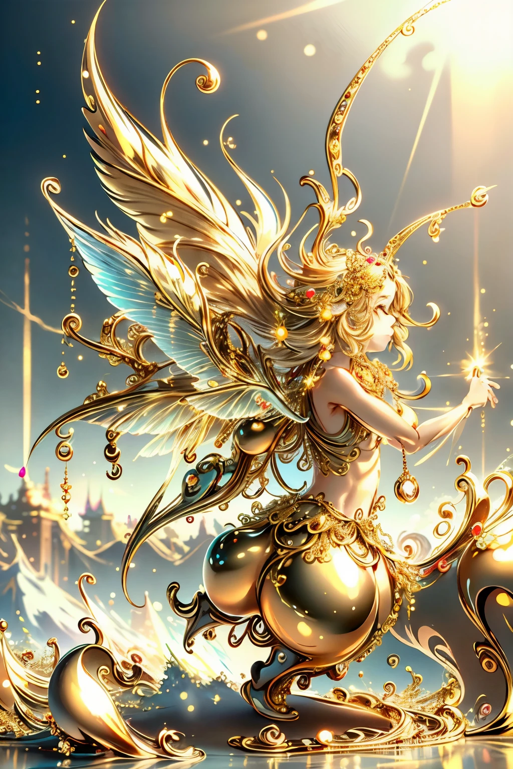 Golden Fairy、The background is golden、A shining golden world、(((masterpiece))), (highest quality), (Super detailed), (very_expensive_solve), (big_file size), (Full Color)、Golden light particles scattered