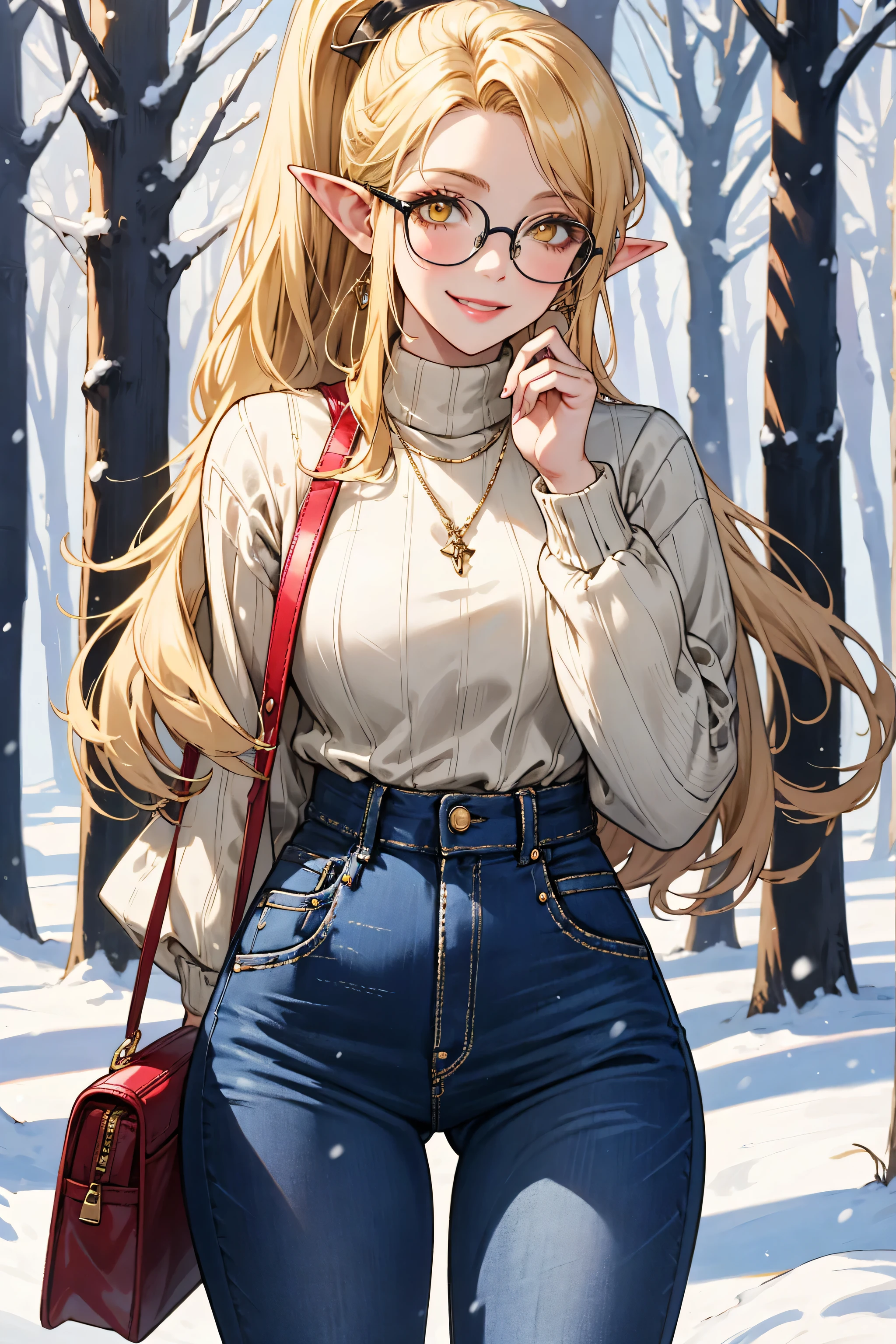 Masterpiece:1.2, ultra high quality:1.2, ultra detailed, intracate details, bright colors, elf woman, adult woman:1.4, solo, blonde hair, yellow eyes, pale skin, glasses, winter forest scene, grinning, black striped sweater, jeans, high ponytail, pink lips, red purse 