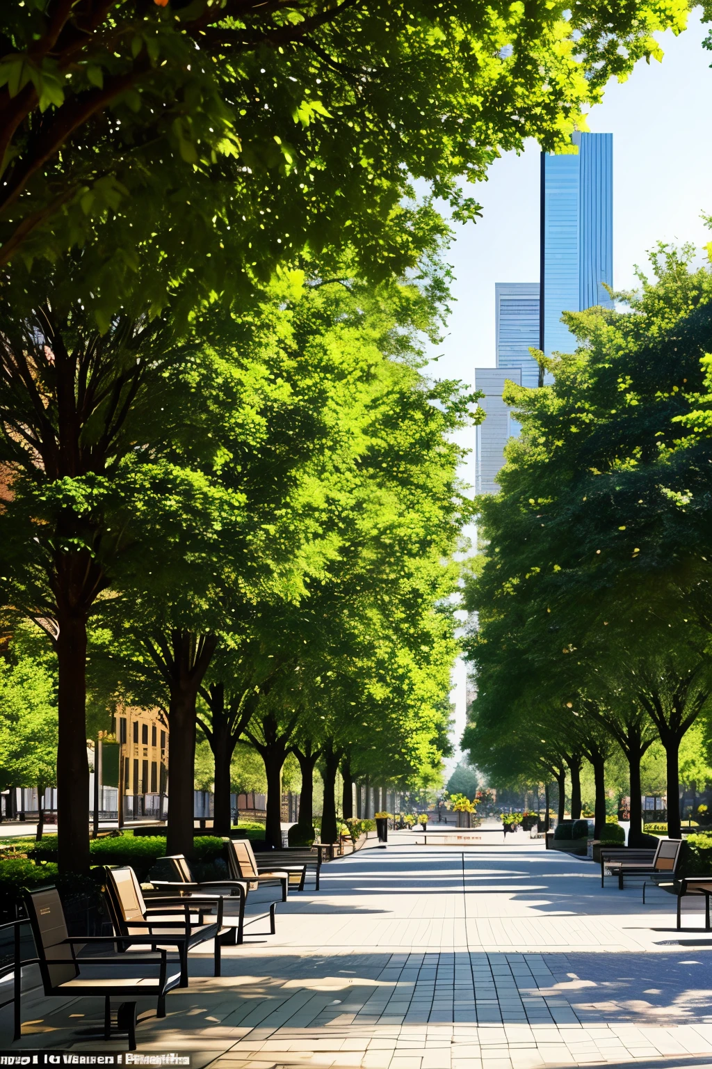 Amidst the bustling heart of the city, a central city park unfolds, framed by a sidewalk devoid of columns. On the edge of the walkway, flowering trees bloom in super-realistic splendor, casting dappled shadows upon the smooth concrete. Benches invitingly await passersby, providing welcome respite from the urban hustle. In the park's serene core, a breathtaking fountain plays, its water dancing in the sunlight as it cascades through intricate tiers. In the distance, high-rise residential blocks pierce the sky, a testament to modern architecture. This portrait of tranquility in the heart of the city is rendered