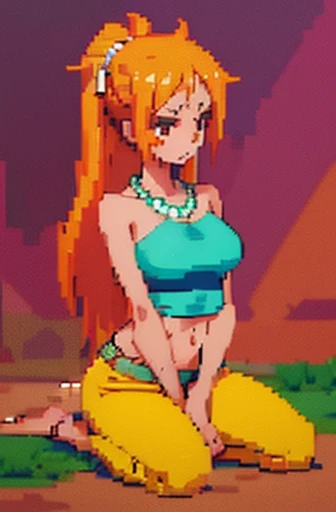 (pixel, pixel art), tan skinned anime woman wearing a bandeau and jeans, famished in hunger, (necklace), (gently resting hands on stomach), (sweating), (lying down), (long hair), (hands on stomach)