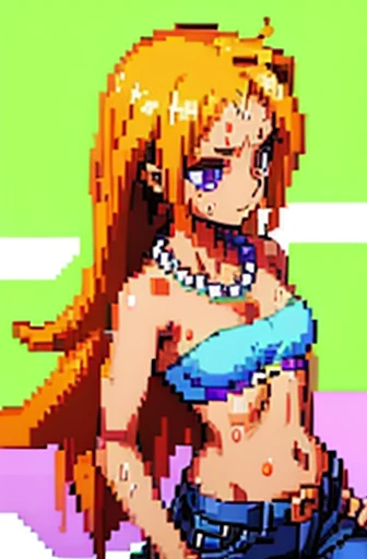 (pixel, pixel art), tan skinned anime woman wearing a bandeau and jeans, famished in hunger, (necklace), (gently resting hands on stomach), (sweating), (lying down), (long hair), (hands on stomach)