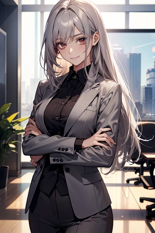 (Confused, High resolution, Very detailed), 1 female, Silver Hair,Long Hair,Reddish brown eyes,business suit,20th Generation,Beautiful woman,A shy smile,thin,quiet,Calm,conference room