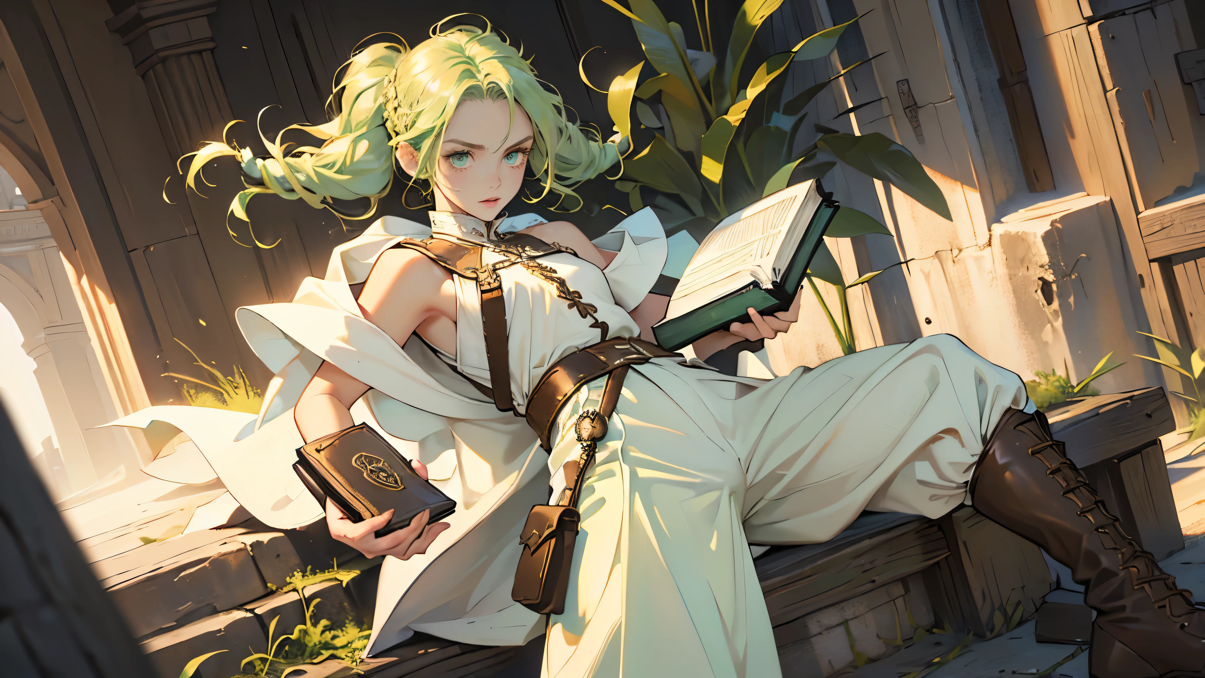masterpiece, ultra detailed, 8k portrait, RAW photo, portrait photography, highly detailed face, beautiful and meticulous eyes, ((Fantasy)), Young beautiful, 15 years old, (((drooping eyes))), dynamic pose, (((short wavy light green hair))), ((braided twin tail)), parted bangs, White skin color, Luxury, (((white tunic))), ((((brown wide pants)))), (((brown cape))), (((little waist hip pouch))), high cut leather boots, ((holding magic book)), Midday Sun, hyper realistic, slender body, flat chest, Long legs, on the medieval road, Ambient lighting, Shadow details , Camera focus on face, strong breeze, Light fog