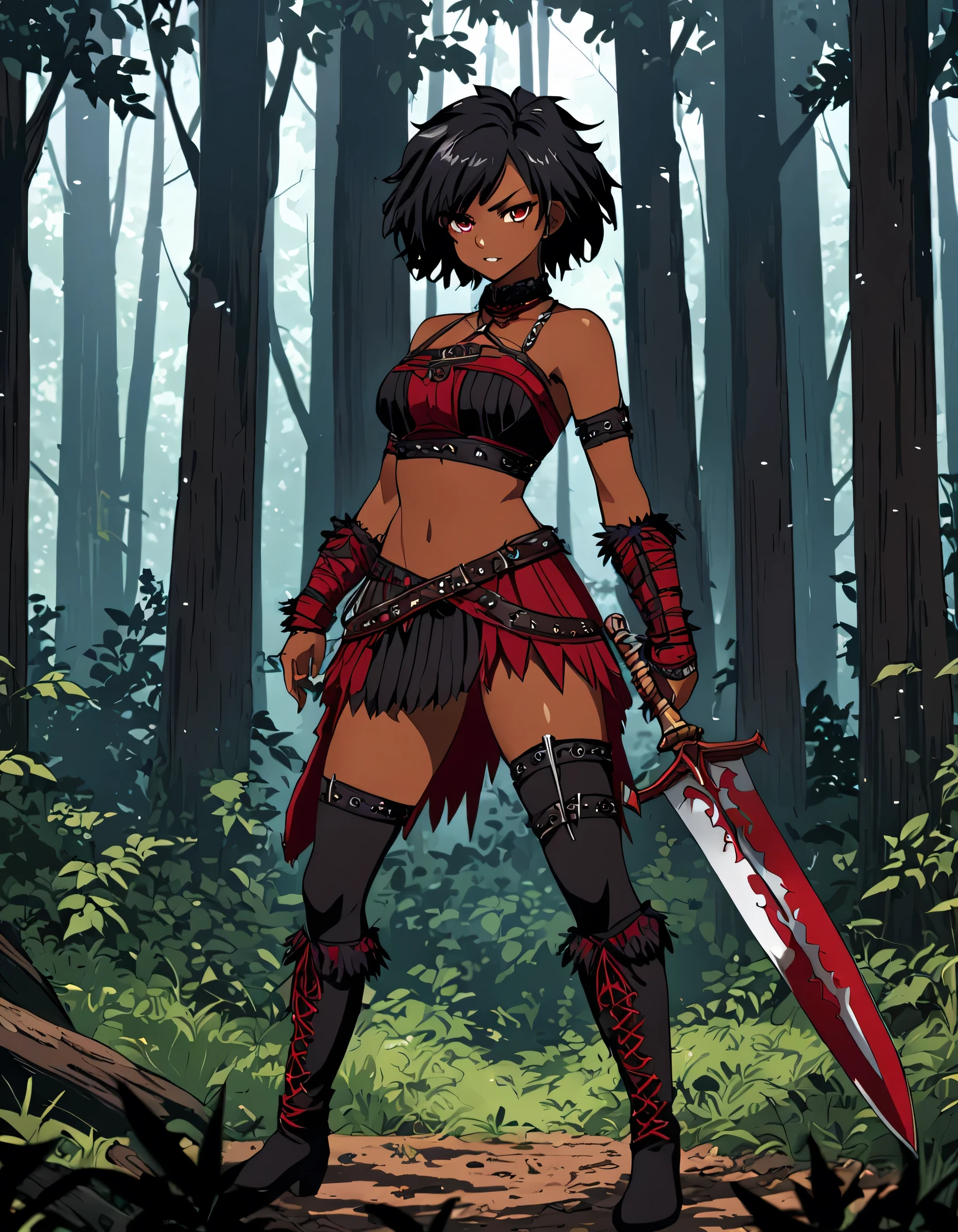 Detailed image, anime style, Varva girl, muscular body, battle grin, dark skin, black short hair, disheveled hairstyle, dressed in dark red barbarian clothing, in black stockings, in lace up boots, standing alone in the forest