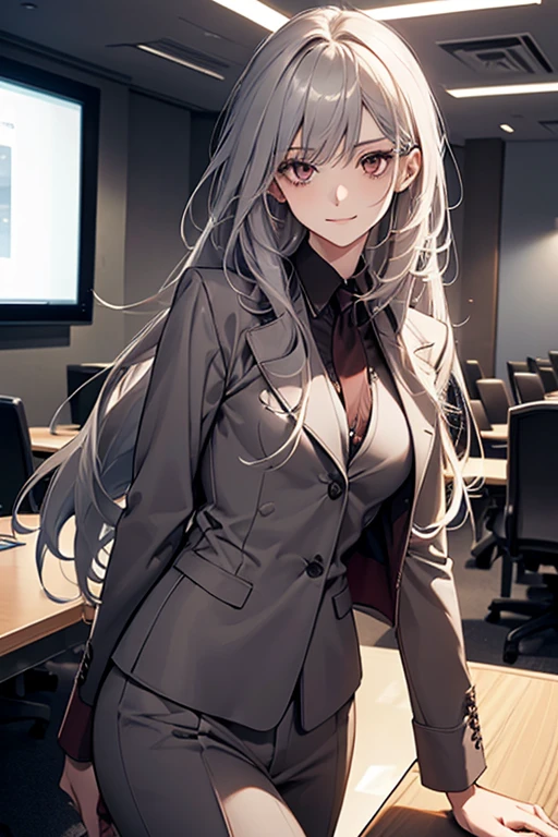 (Confused, High resolution, Very detailed), 1 female, Silver Hair,Long Hair,Reddish brown eyes,business suit,Small breasts,20th Generation,Beautiful woman,A shy smile,thin,quiet,Calm,conference room