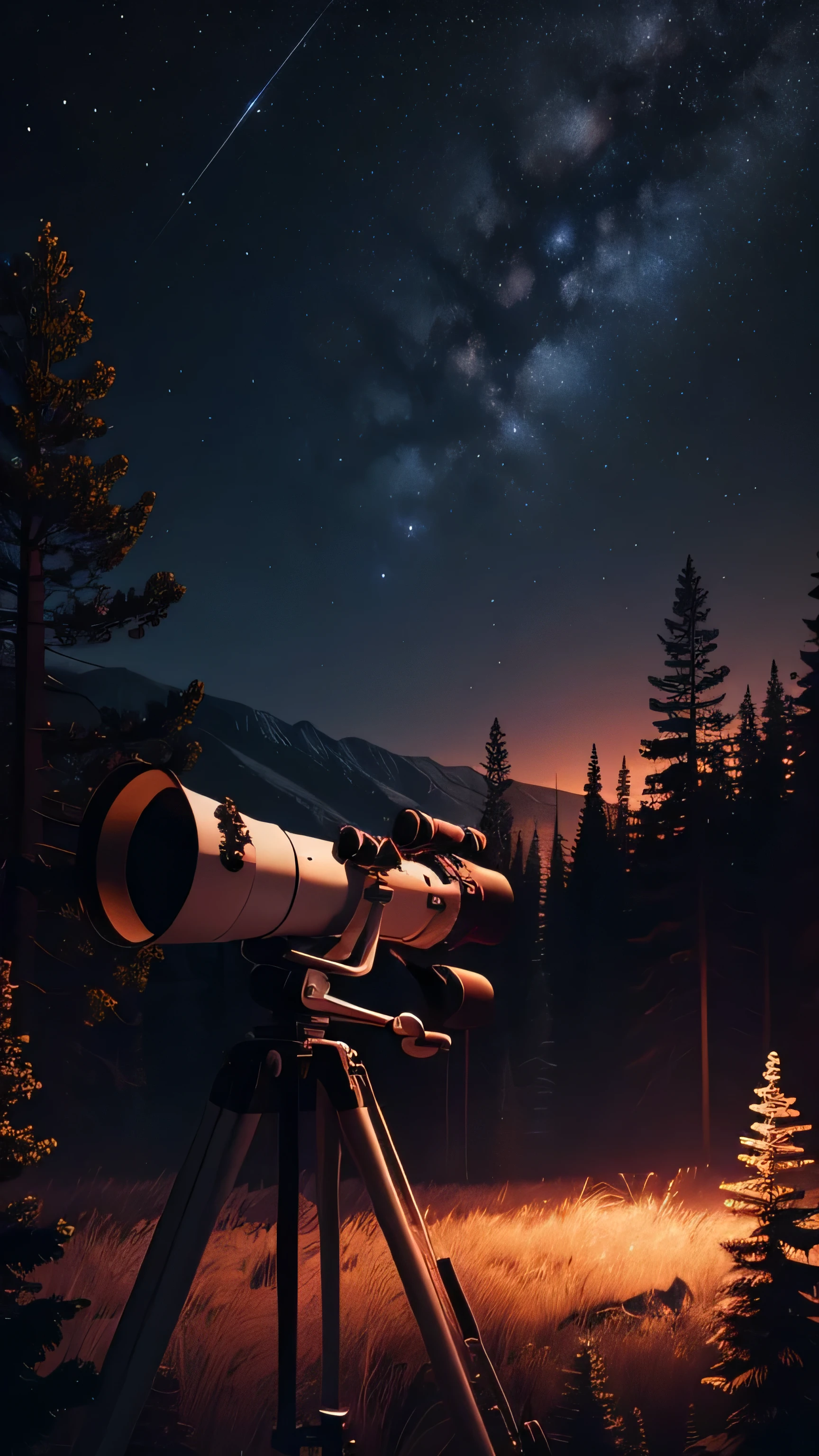 telescope, nightsky, forest, 8k