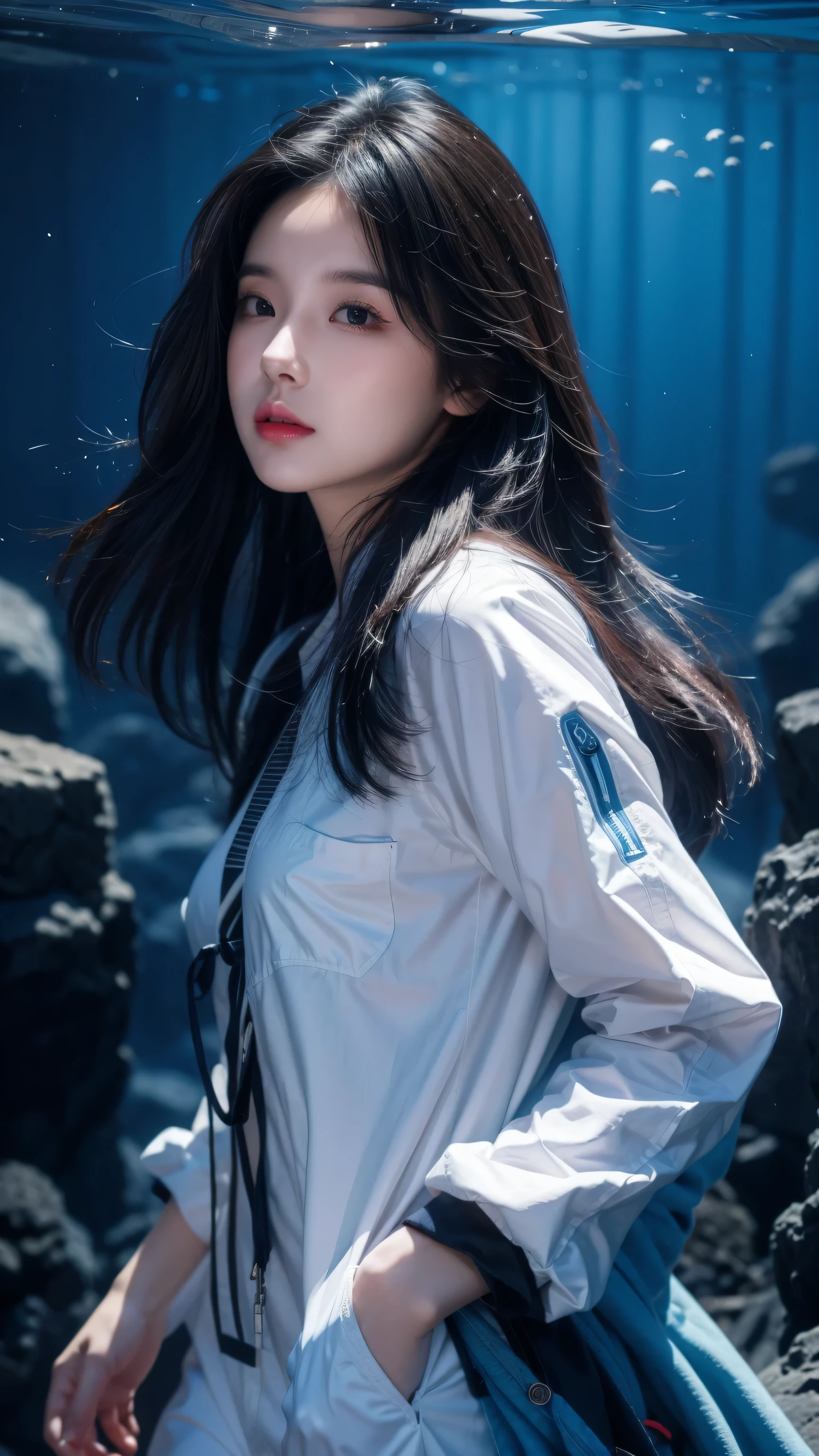 8k, 1 Girl, High Color, Gorgeous, (Fractal Art 1.8), pout, youth, Blue Hair, Under the Deep Sea, Gorgeous, Dynamic, visual impact, Hands in pockets, (Wave 1 on the lens.5)